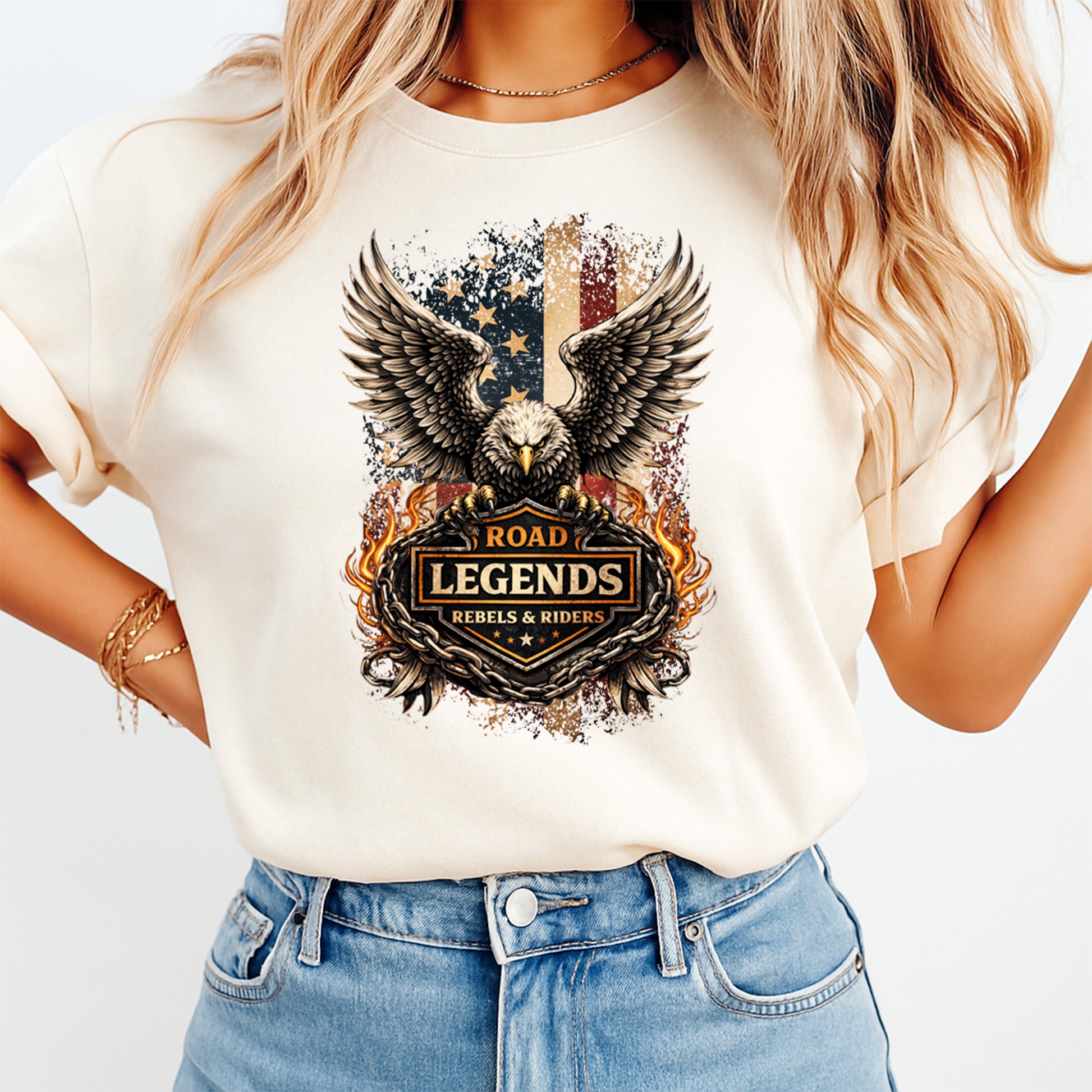 Cream shirt mockup featuring a Road Legends ready to press dtf transfer with an eagle, wings, flames, chain details, and biker-style artwork.