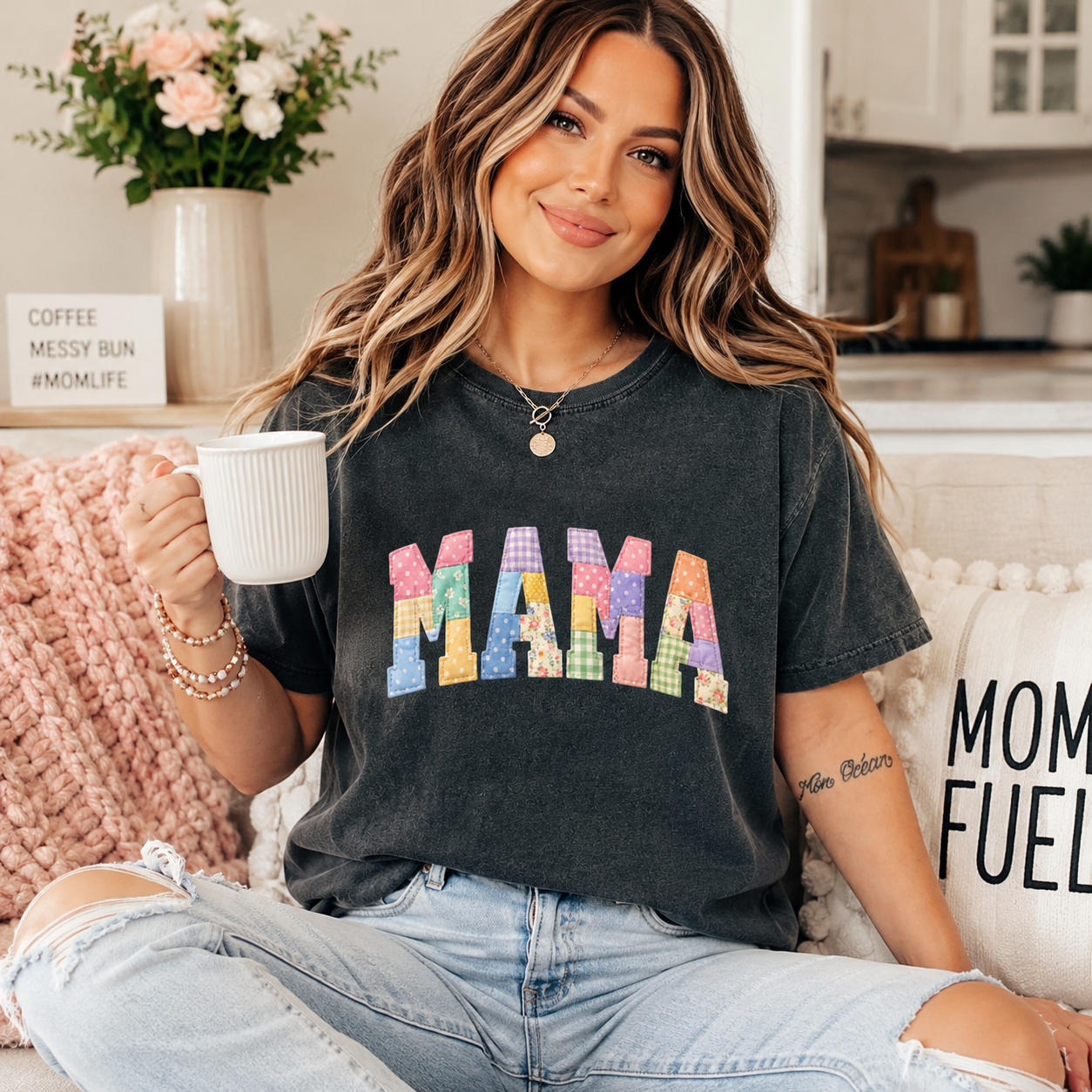 Black shirt mockup featuring a colorful Mama ready to press dtf transfer with patchwork-style lettering, floral accents, and pastel fabric-inspired patterns.