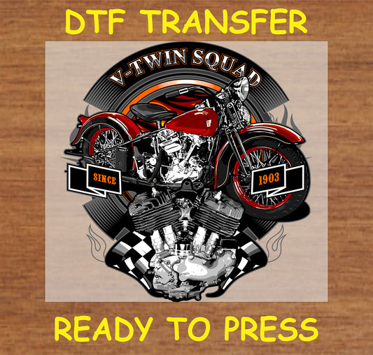 "V-Twin Squad DTF transfer with classic motorcycle and engine design"