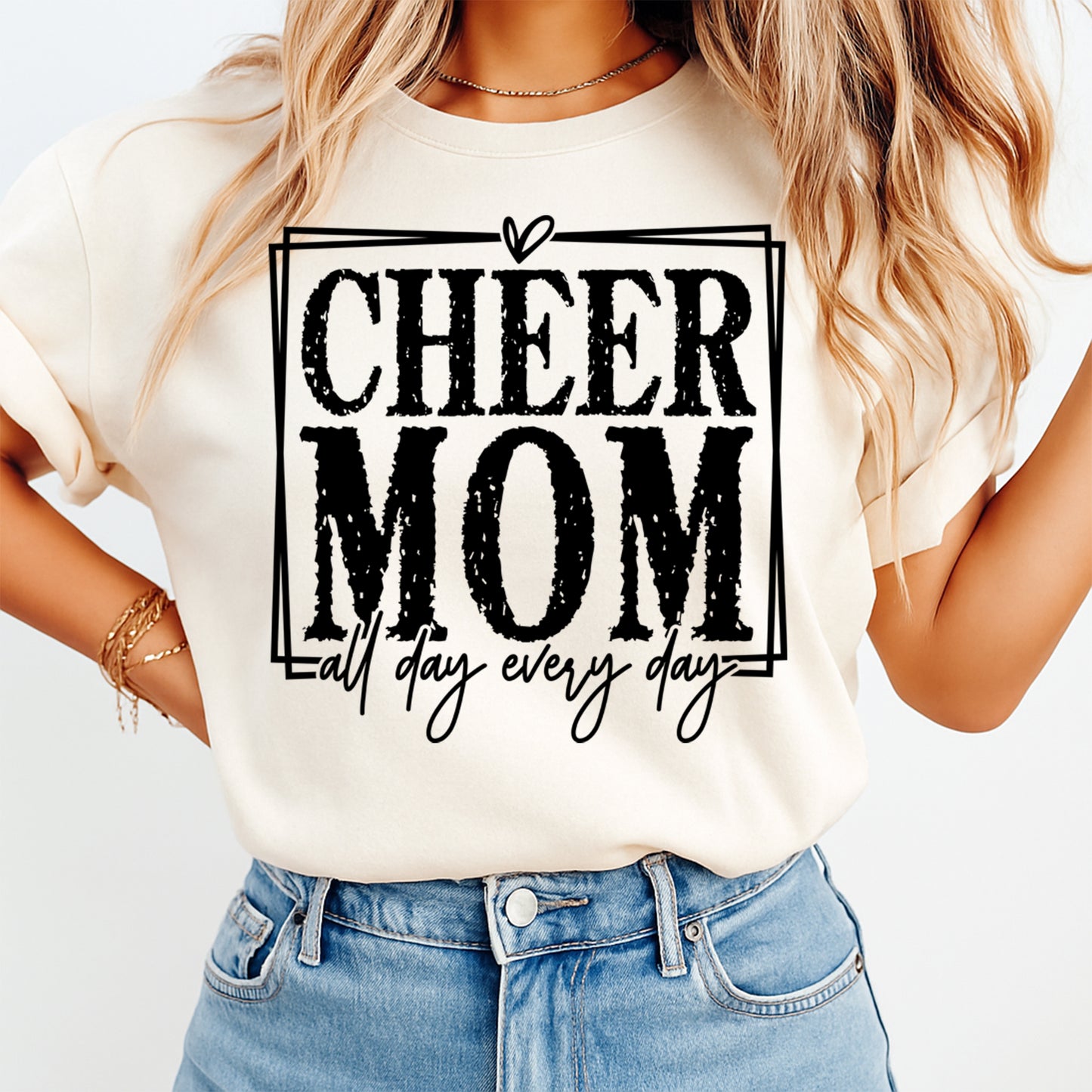 Cheer mom shirt mockup featuring black ready to press dtf transfer with all day every day wording on cream apparel