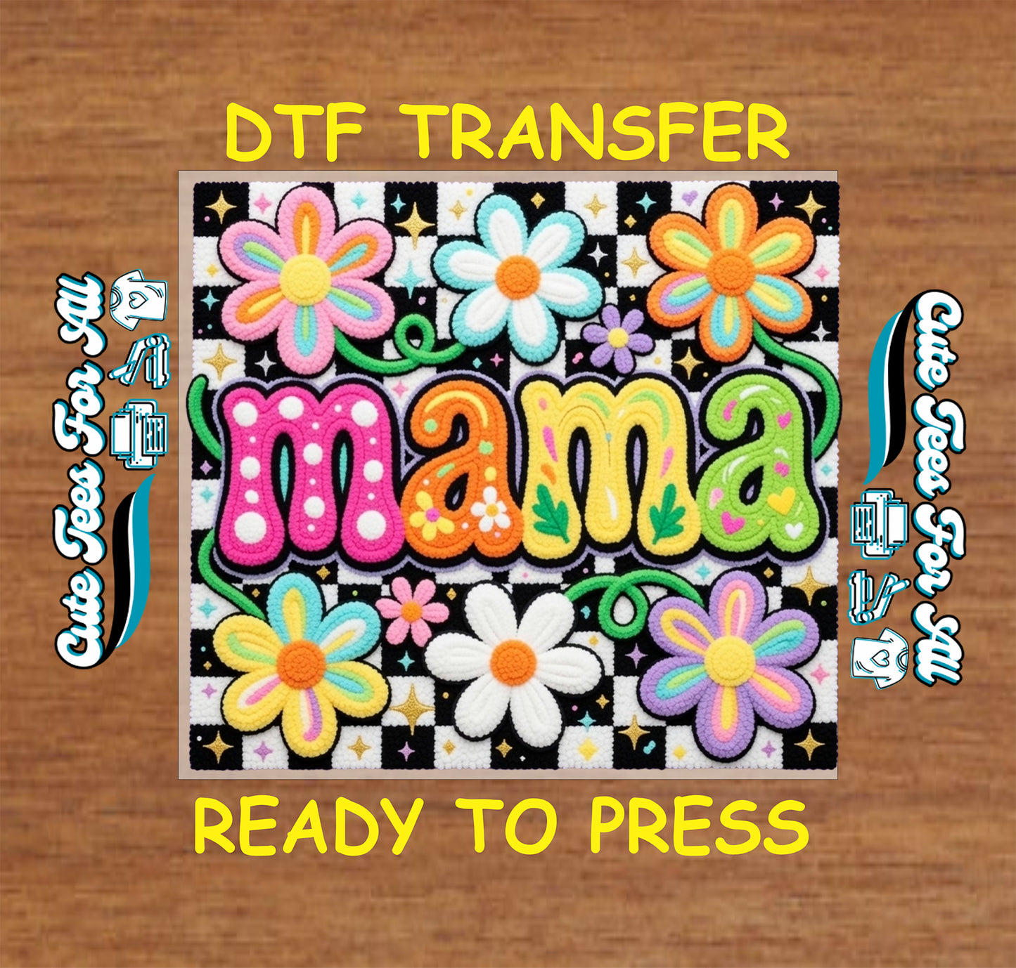 Colorful mama floral checkerboard ready to press dtf artwork for DIY mom shirts