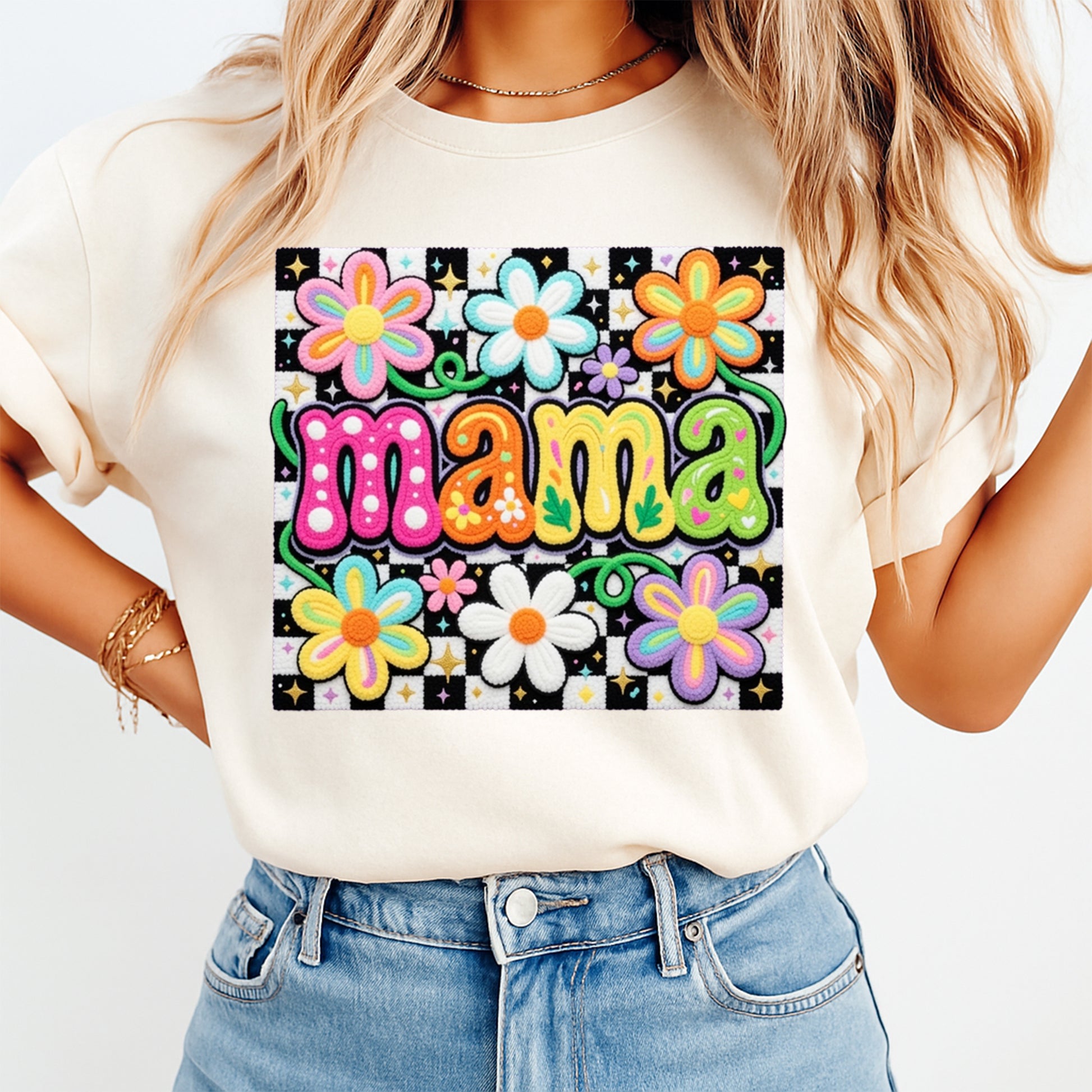 Mama shirt mockup featuring colorful floral checker ready to press dtf transfer on a cream T-shirt