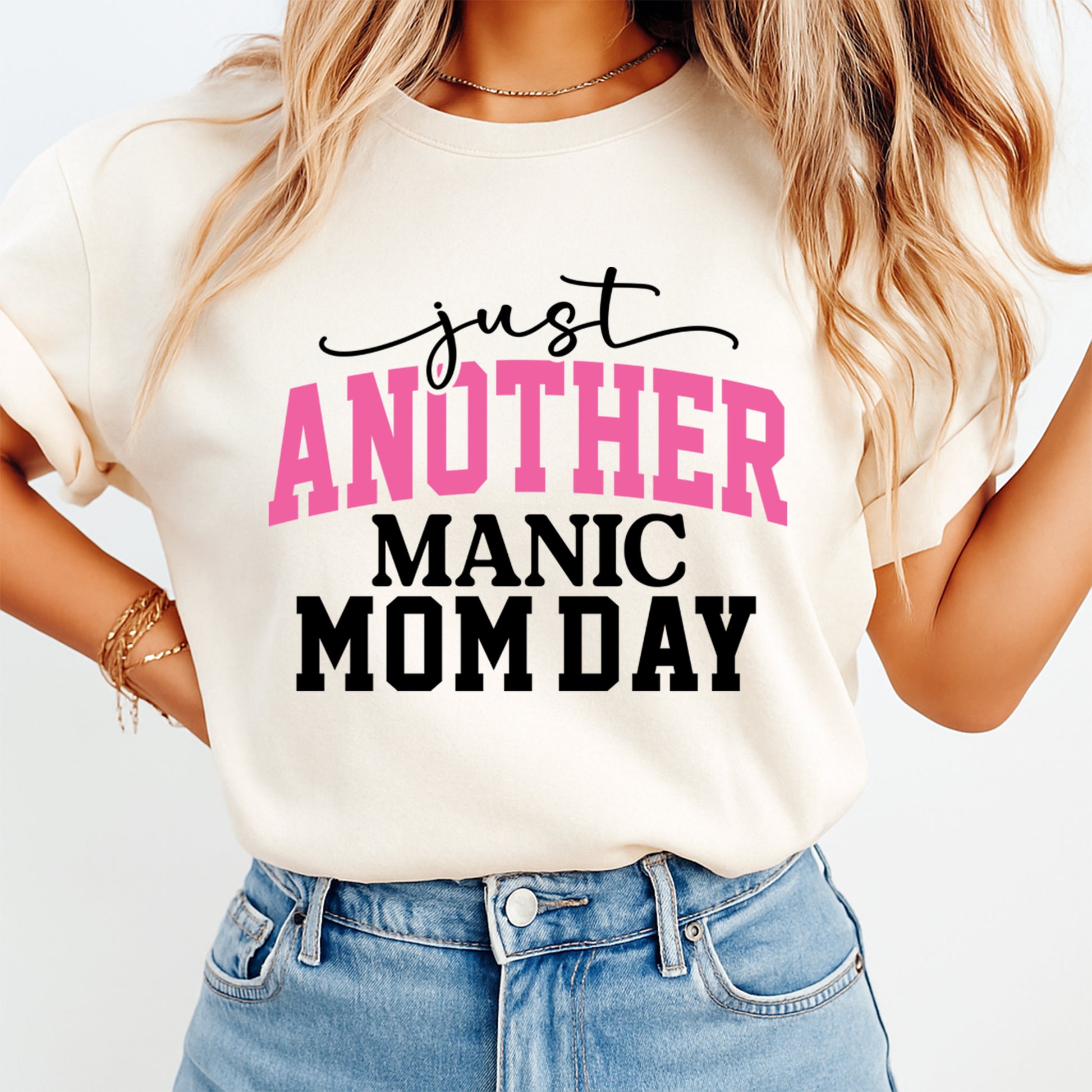 Funny mom shirt mockup featuring Just Another Manic Mom Day ready to press dtf transfer on a cream tee