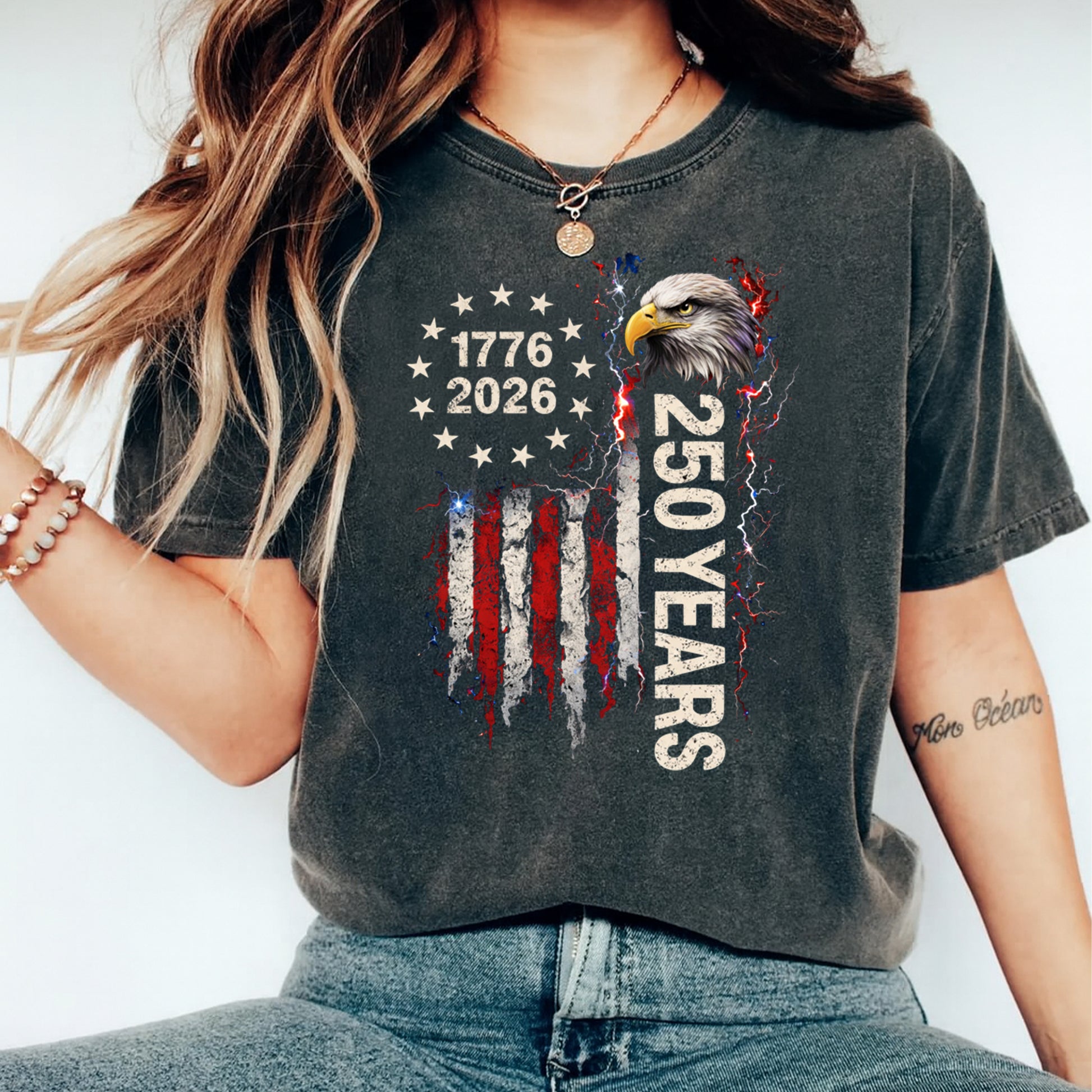 Patriotic shirt mockup featuring 1776 2026 250 Years eagle flag ready to press dtf transfer on a dark gray tee