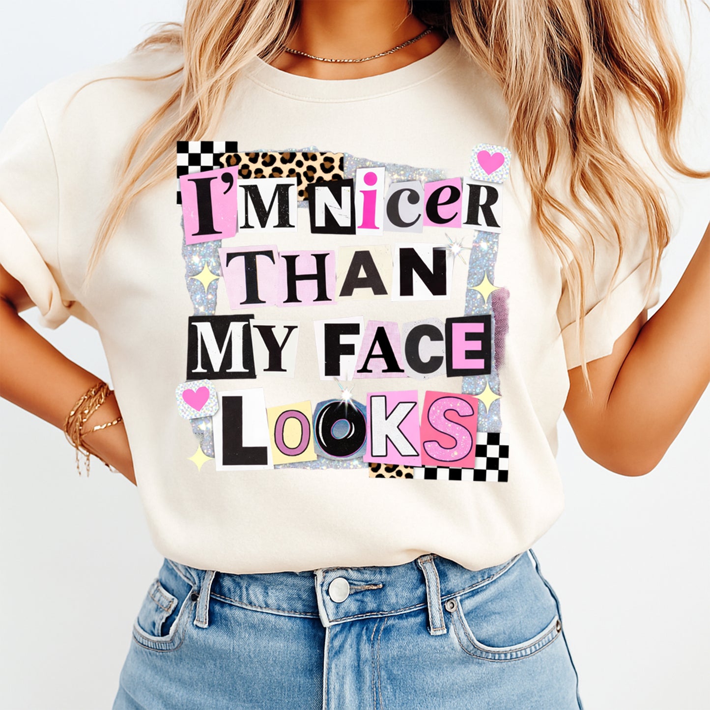 Sarcastic shirt mockup featuring I’m Nicer Than My Face Looks ready to press dtf transfer on a cream T-shirt