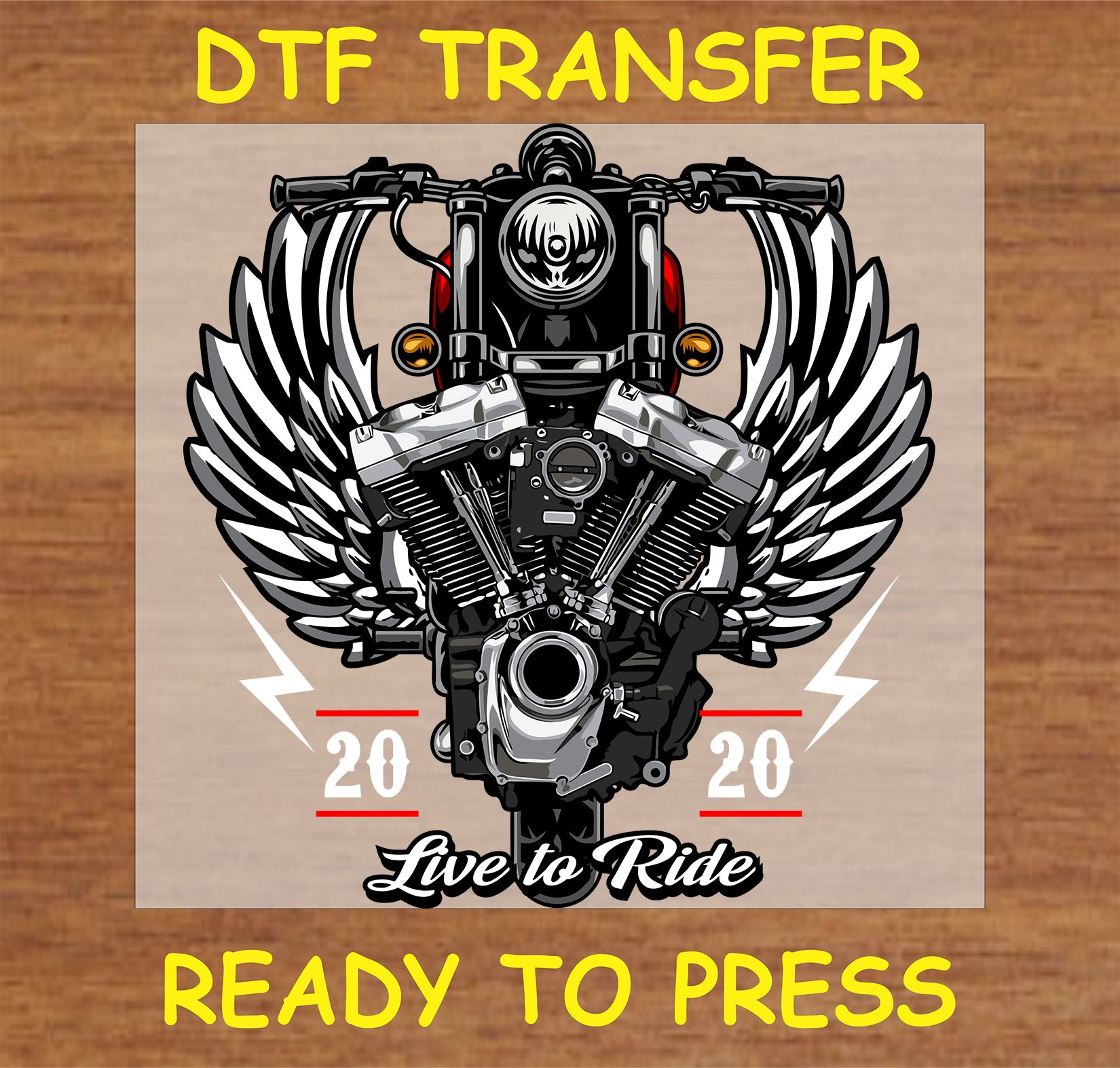 "Live to Ride DTF transfer with winged engine design and vintage motorcycle theme"