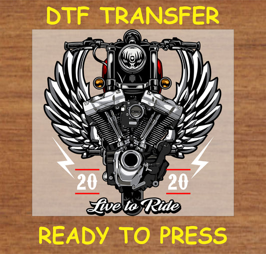 "Live to Ride DTF transfer with winged engine design and vintage motorcycle theme"