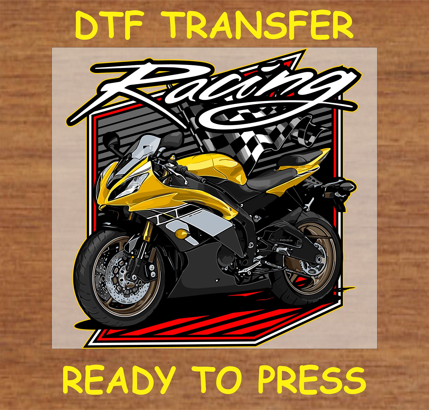 "Racing DTF transfer with yellow sport bike and checkered flag design"