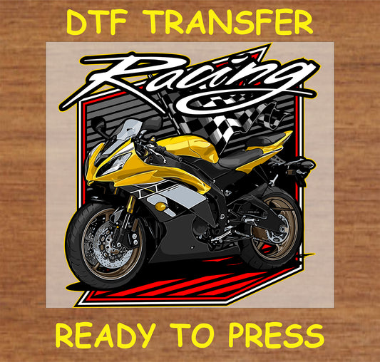 "Racing DTF transfer with yellow sport bike and checkered flag design"