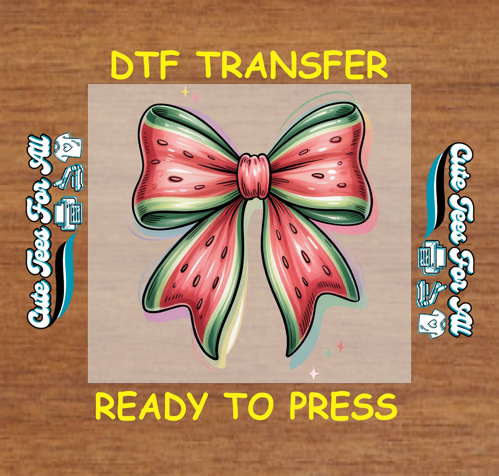 Summer fruit ready to press dtf artwork featuring a pink and green watermelon bow with seed details and small sparkle accents.