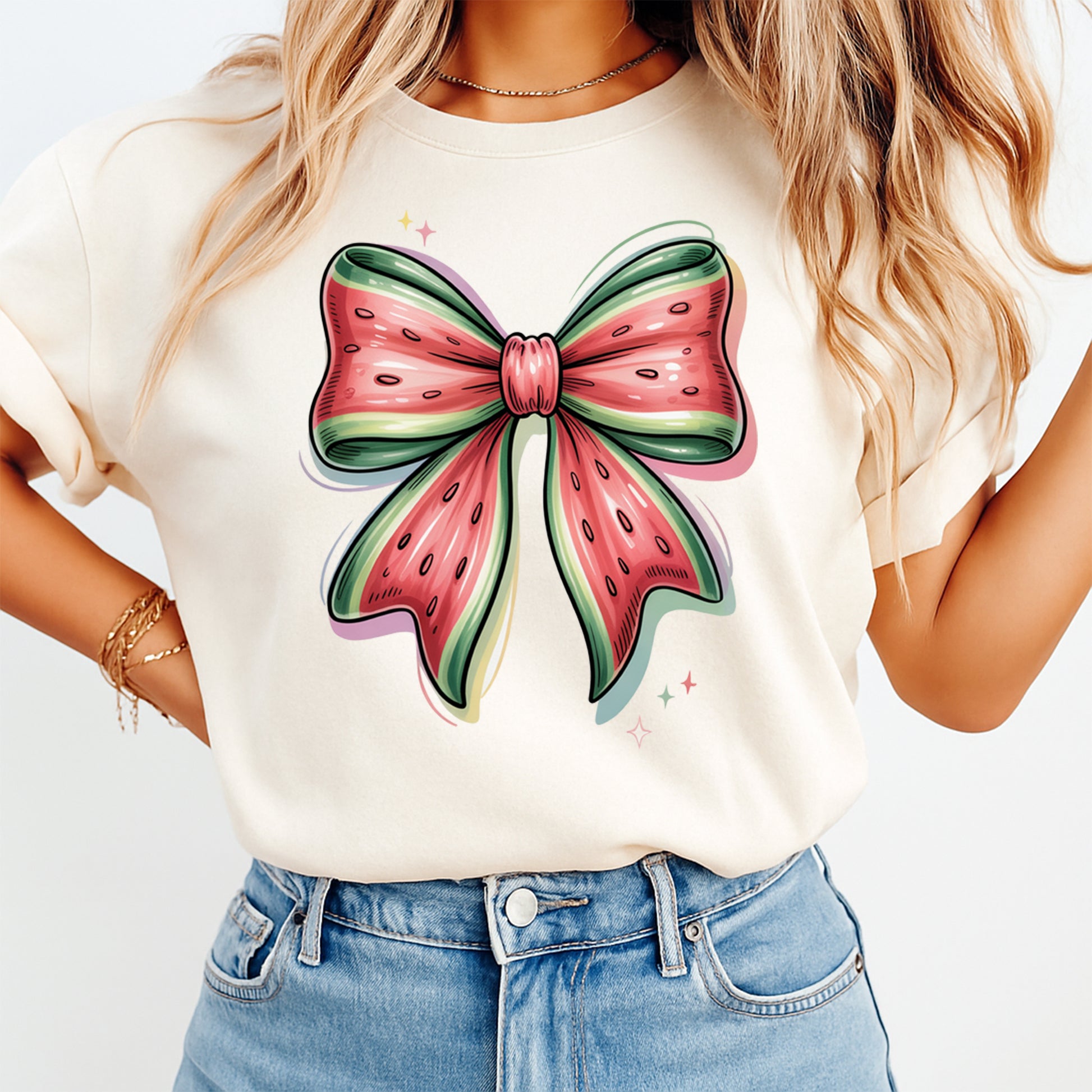 Lifestyle mockup of a cream shirt with a summer watermelon bow ready to press dtf graphic.