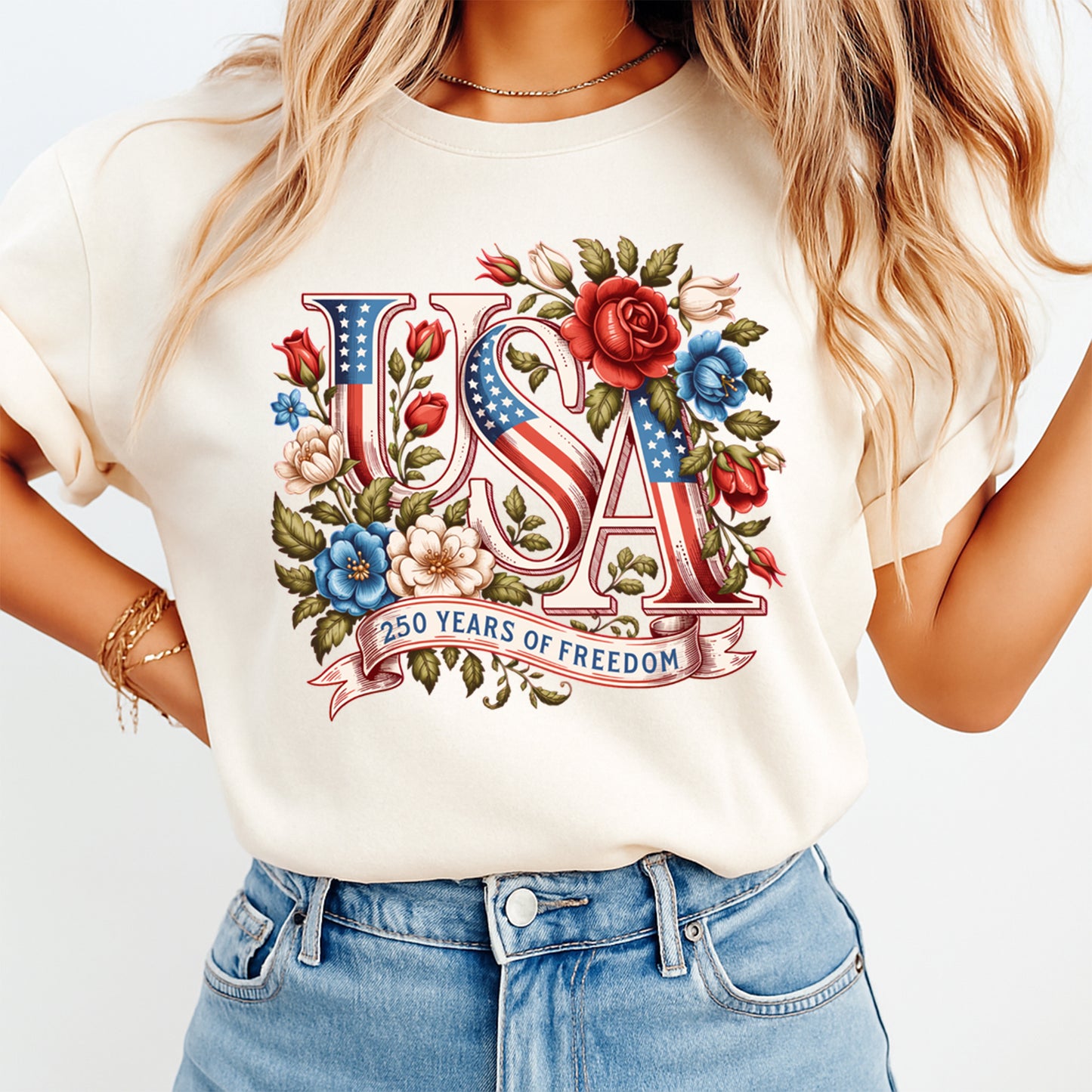 Lifestyle mockup of a cream shirt with a patriotic USA 250 Years of Freedom ready to press dtf graphic.
