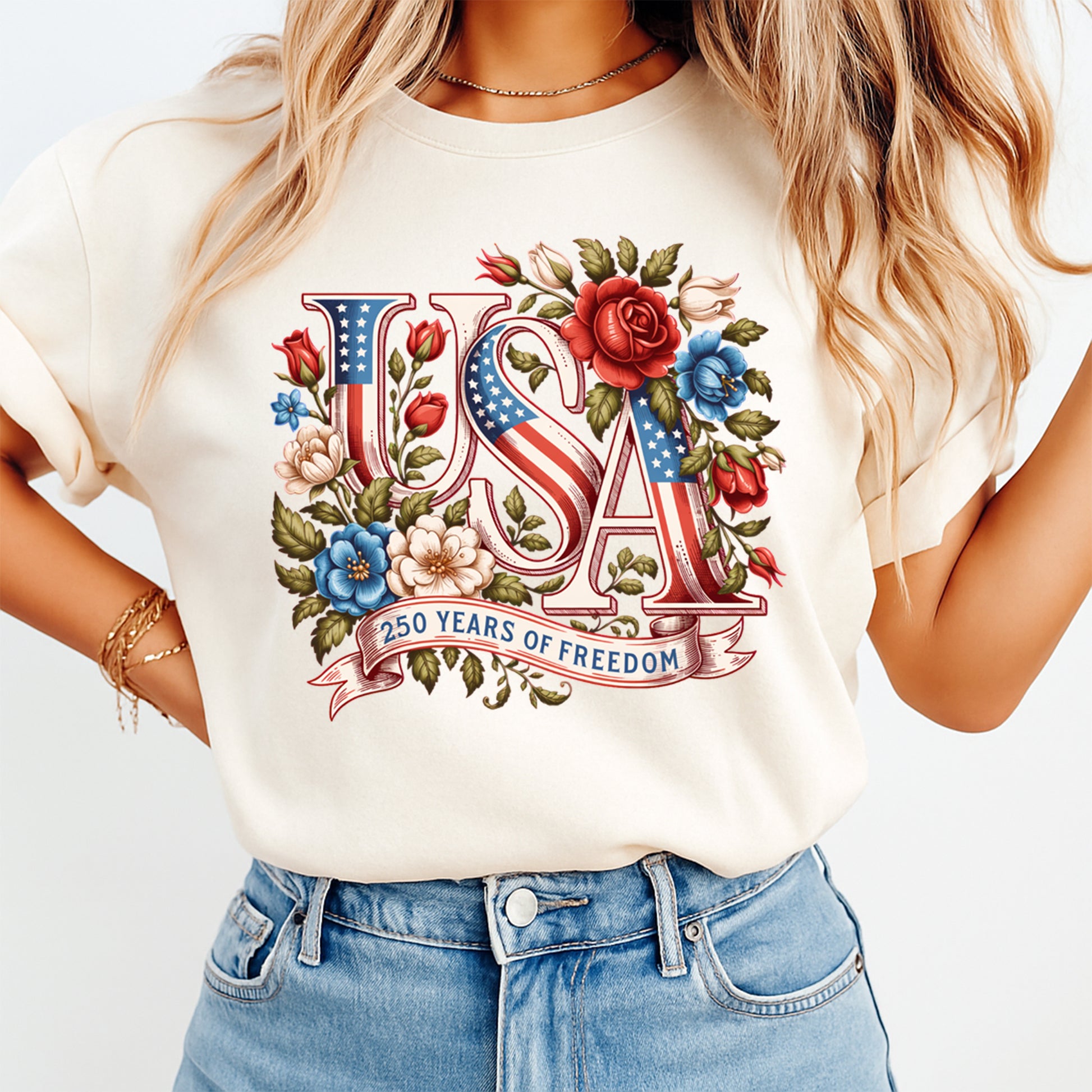 Lifestyle mockup of a cream shirt with a patriotic USA 250 Years of Freedom ready to press dtf graphic.