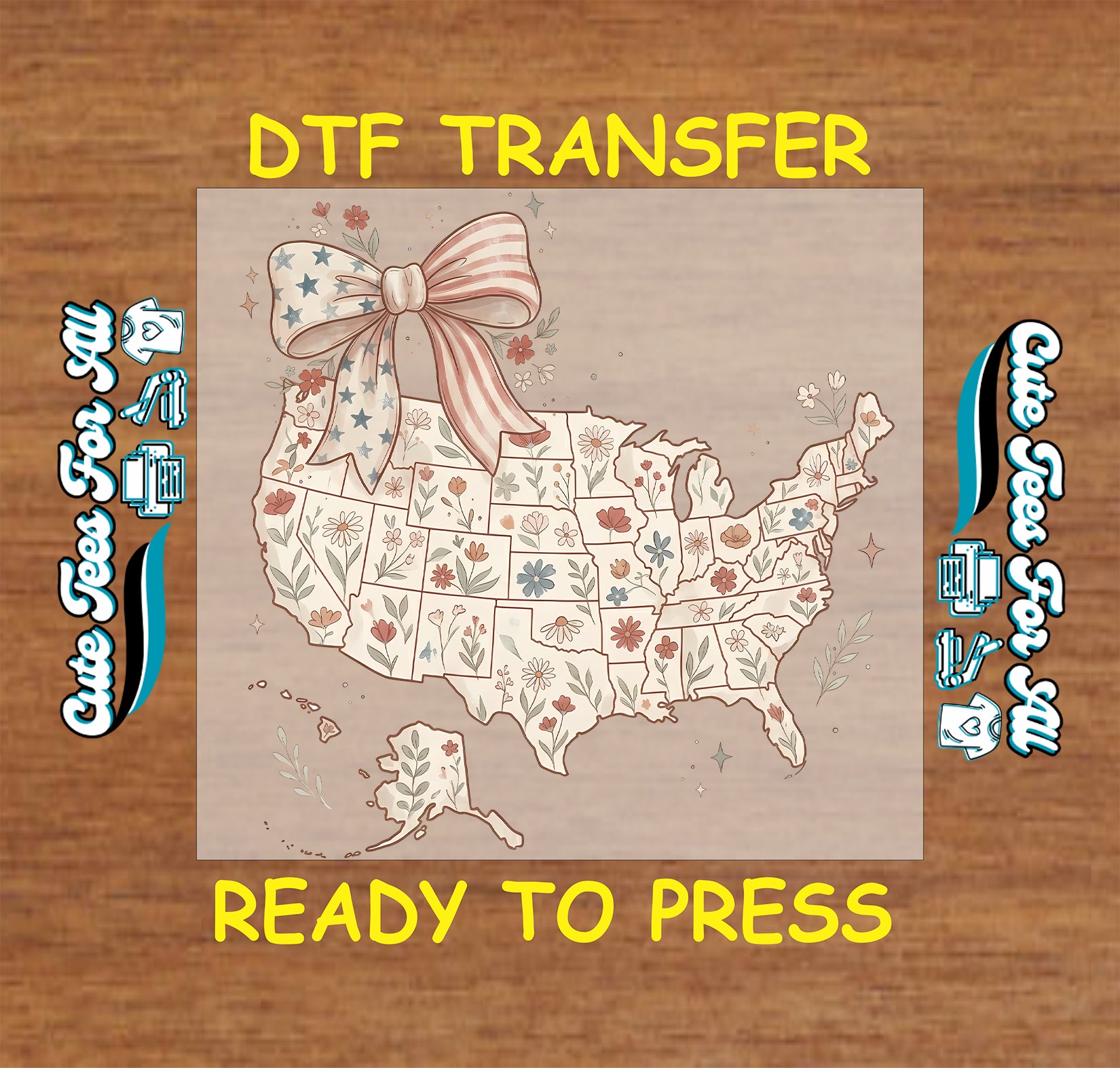 Floral United States map artwork ready to press dtf with patriotic bow, soft flowers, state outlines, and Americana style for DIY shirts.