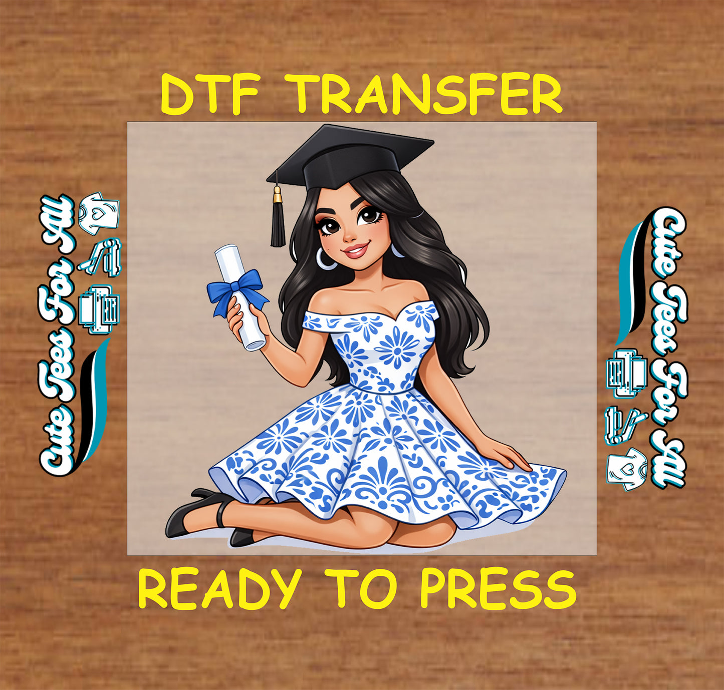 Latina graduation ready to press dtf artwork showing a cartoon graduate girl holding a diploma, wearing a black graduation cap and white blue floral dress.
