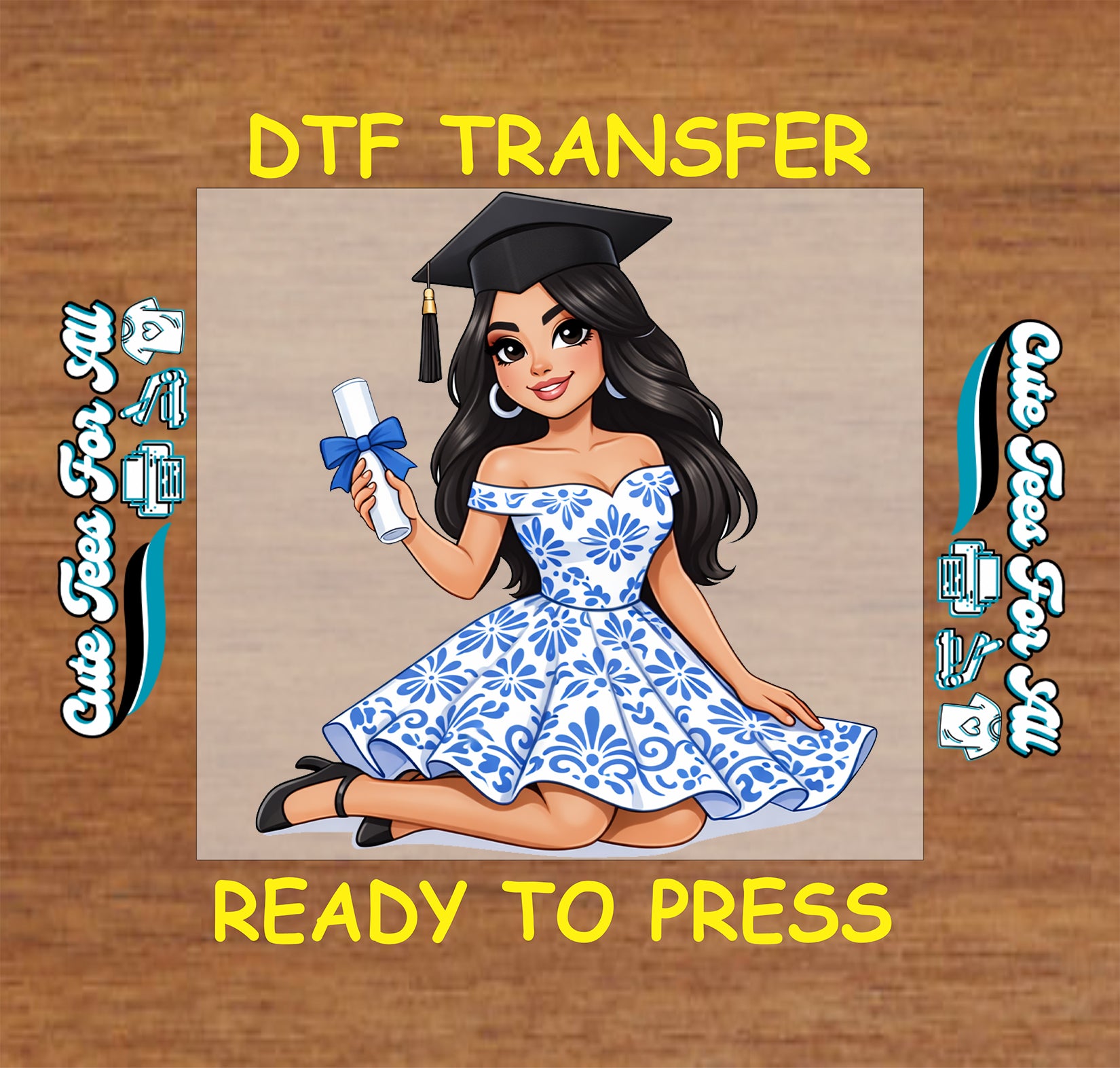 Latina graduation ready to press dtf artwork showing a cartoon graduate girl holding a diploma, wearing a black graduation cap and white blue floral dress.
