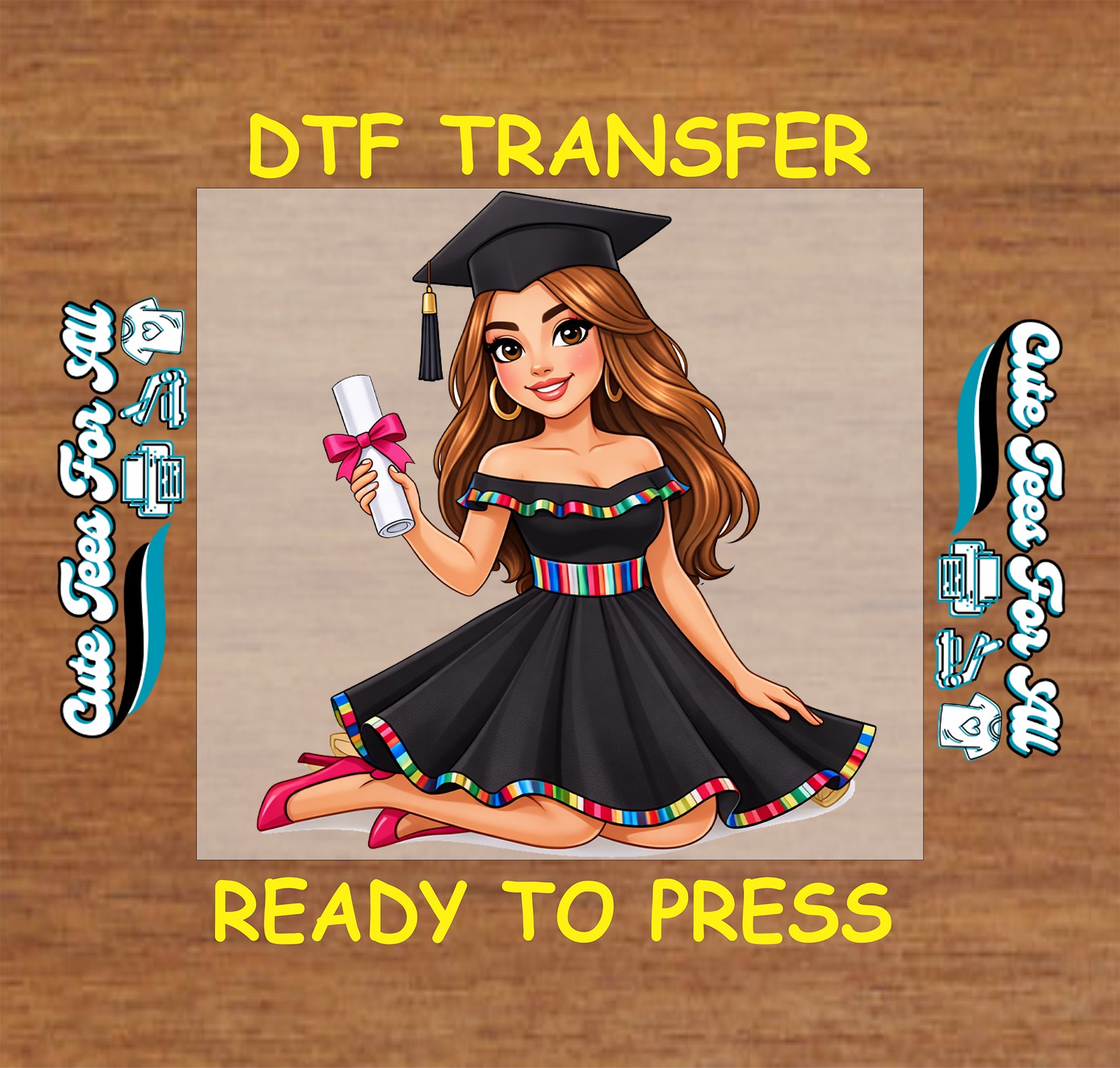 Cartoon girl graduation ready to press dtf artwork with graduate cap, diploma, black dress, pink shoes, and colorful trim.