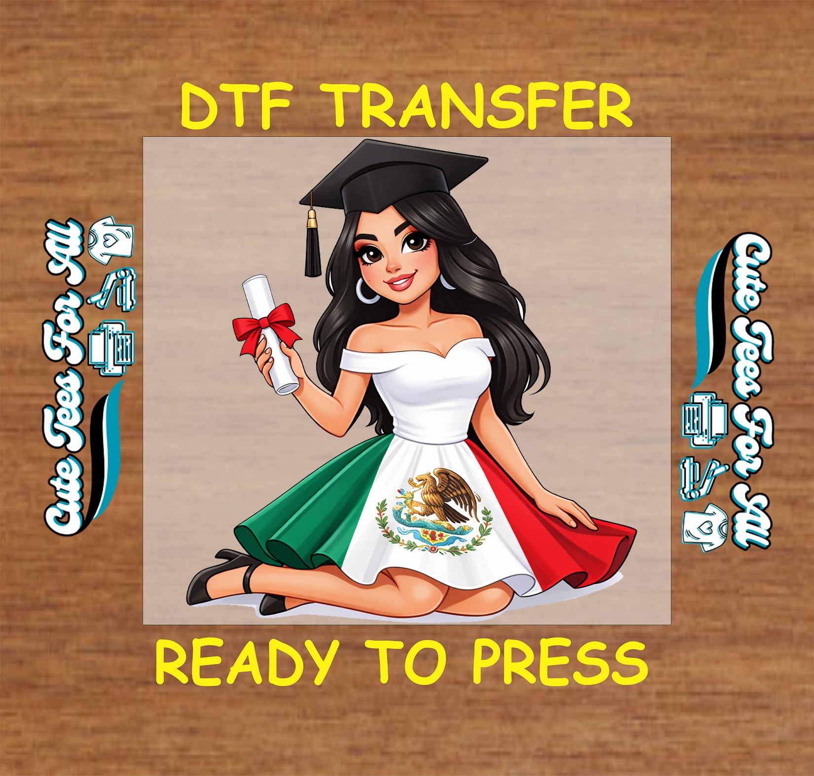 Ready to press dtf artwork featuring Latina graduate with black cap, diploma, long dark hair, and Mexican flag inspired dress as an iron on heat transfer.