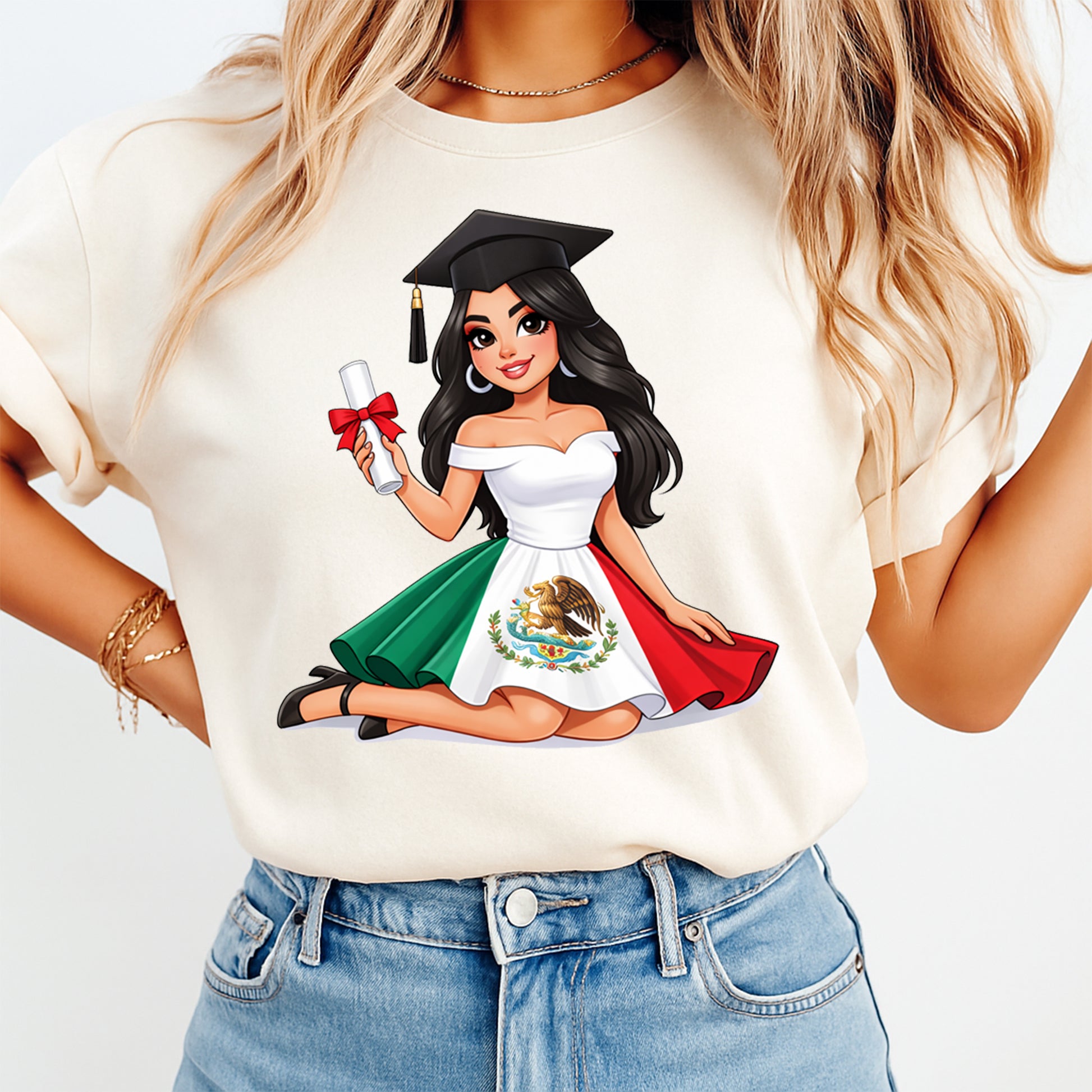 Mockup of Mexican graduation ready to press dtf transfer on a cream shirt featuring Latina graduate with cap, diploma, and flag inspired dress for DIY graduation shirts.