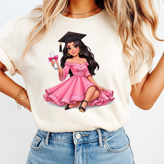 Graduation shirt mockup featuring Latina graduate artwork with black cap, diploma, pink bow, and pink dress ready to press dtf transfer for DIY graduation shirts.