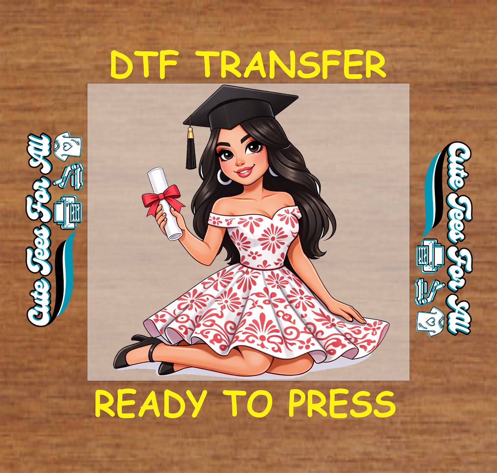 Ready to press dtf graduation iron on heat transfer featuring Latina graduate artwork with black cap, diploma, red bow, and floral dress.