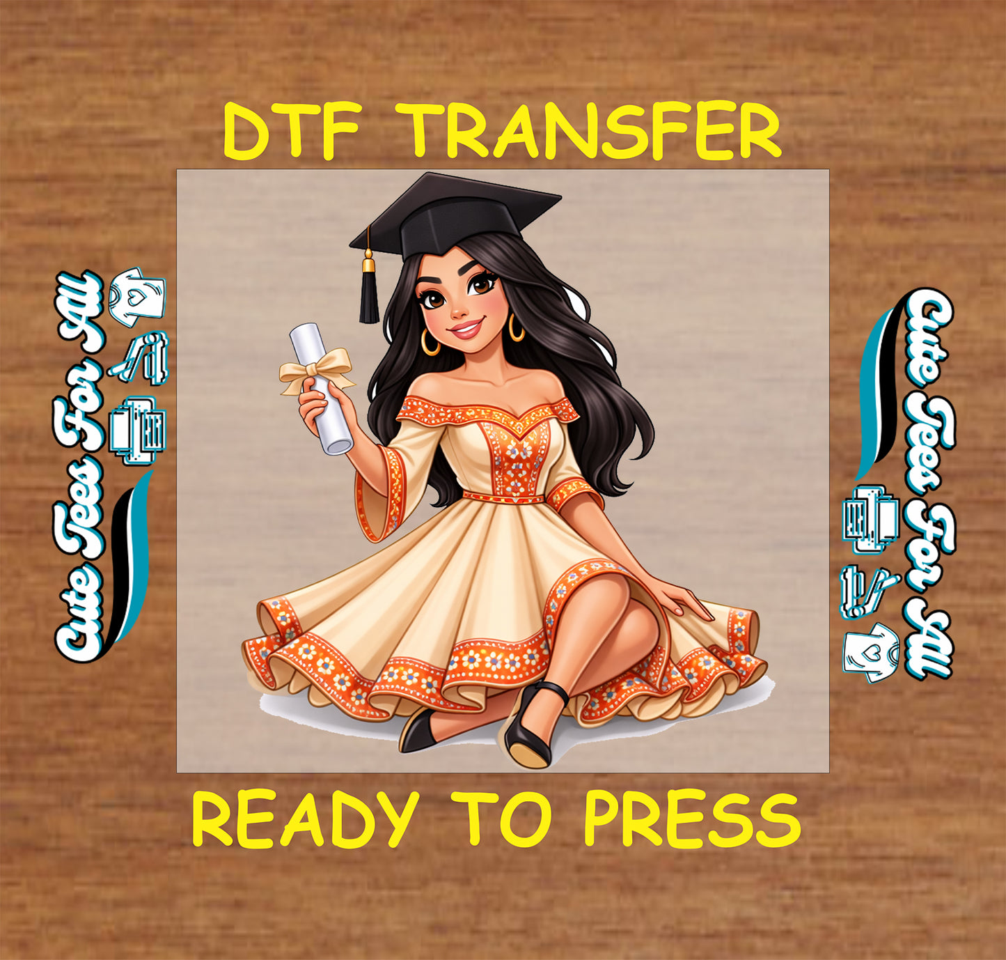 Graduation ready to press dtf artwork with Latina graduate in cultural dress, diploma scroll, and cap for iron on heat transfer apparel.