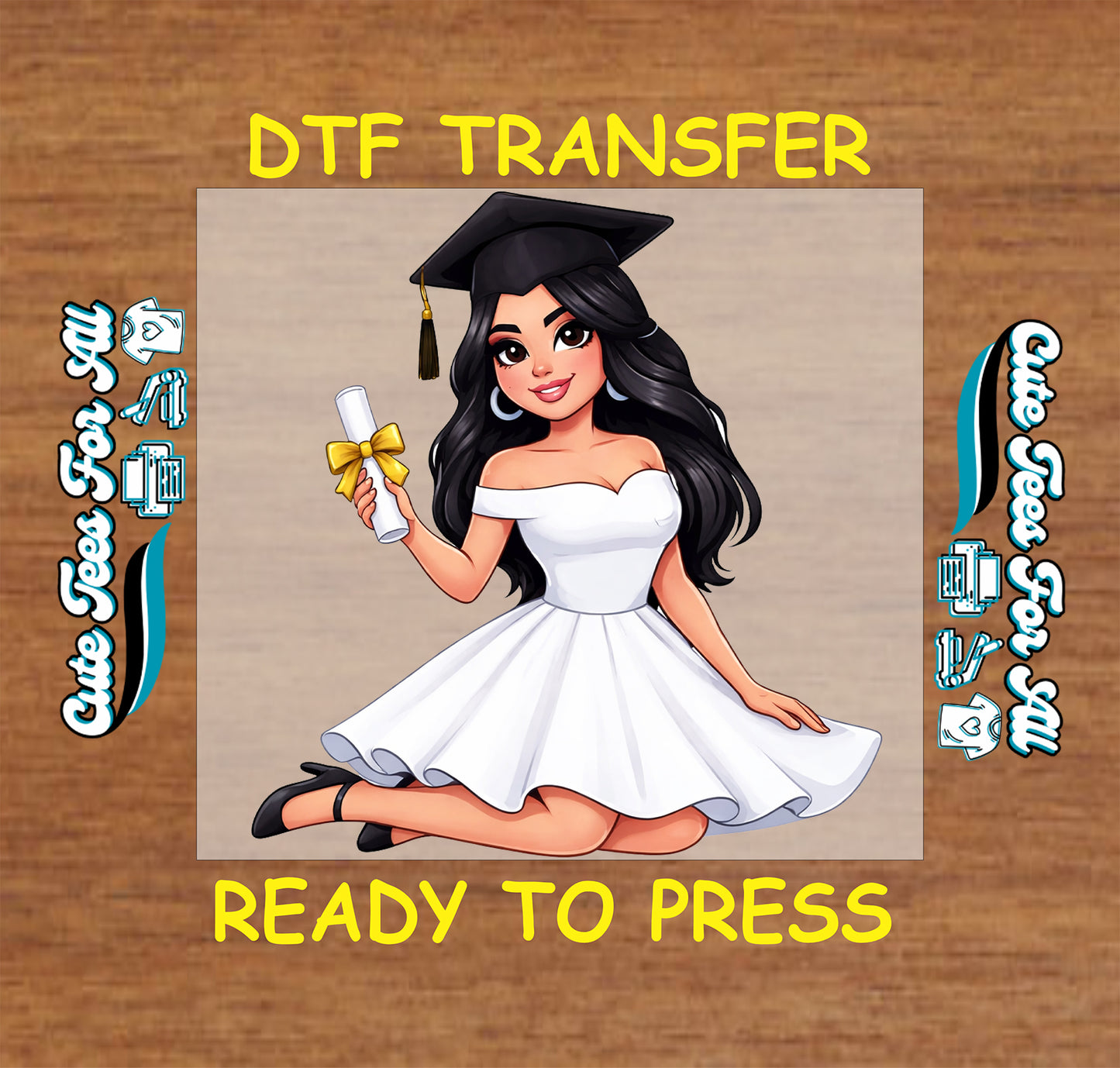 Graduation ready to press dtf artwork with Latina graduate, diploma, yellow bow, white dress, and cap for iron on heat transfer apparel.