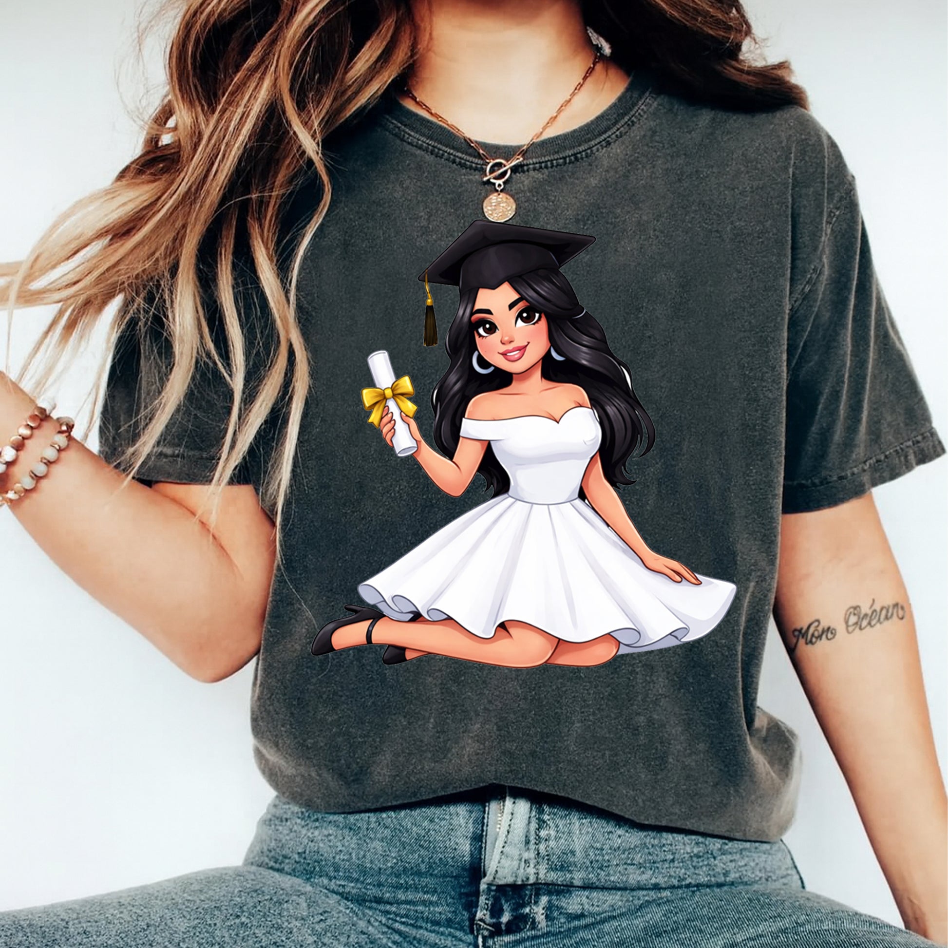 Latina graduation shirt mockup featuring a graduate in white dress holding diploma, ready to press dtf transfer for DIY graduation shirts.