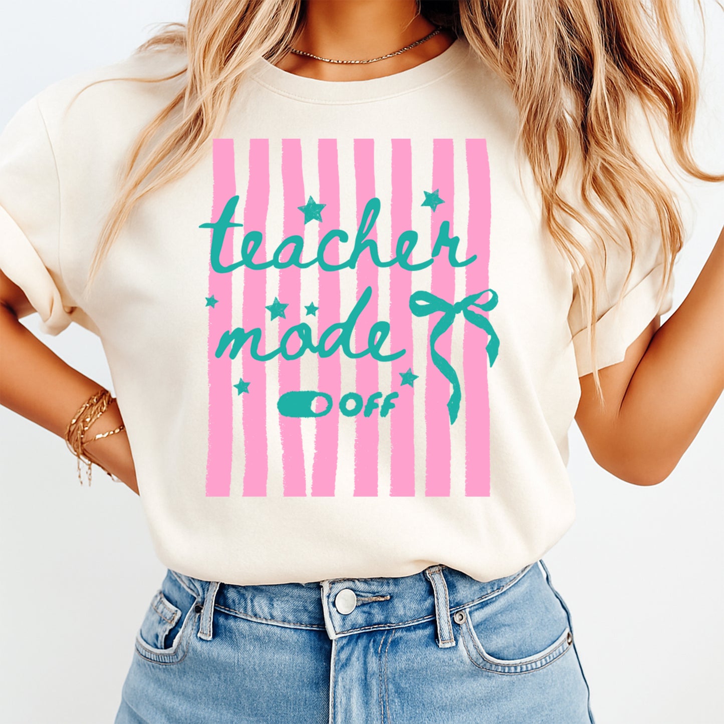 Teacher Mode Off pink stripe bow DTF transfer mockup on cream shirt for teacher summer break apparel