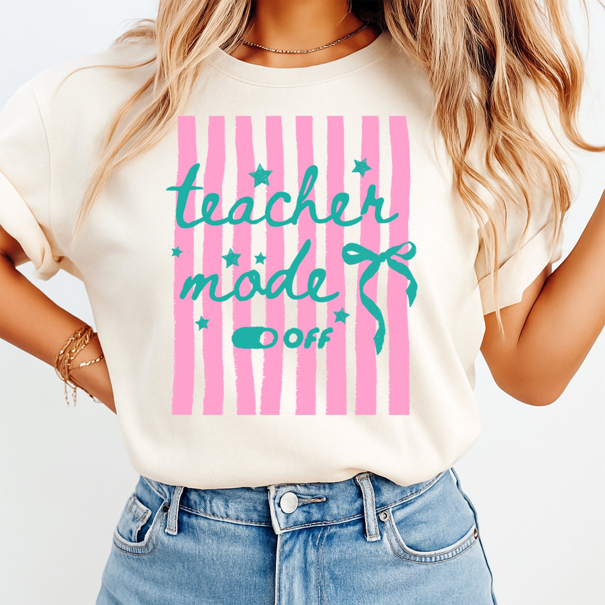 Teacher Mode Off pink stripe bow DTF transfer mockup on cream shirt for teacher summer break apparel
