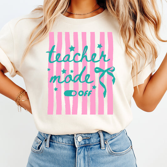 Teacher Mode Off pink stripe bow DTF transfer mockup on cream shirt for teacher summer break apparel