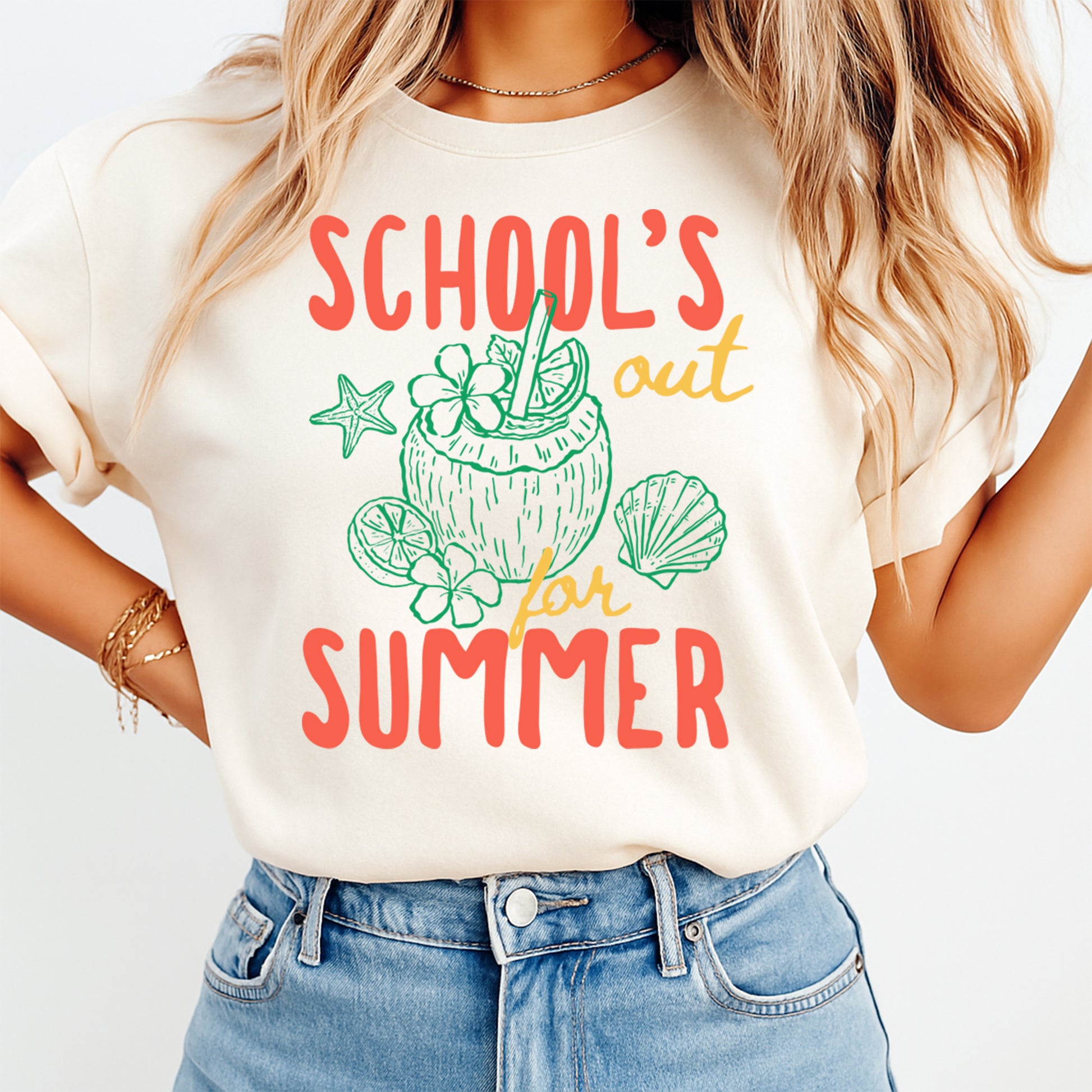 School’s Out for Summer teacher DTF transfer mockup on cream shirt with tropical coconut design
