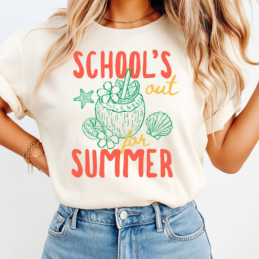 School’s Out for Summer teacher DTF transfer mockup on cream shirt with tropical coconut design