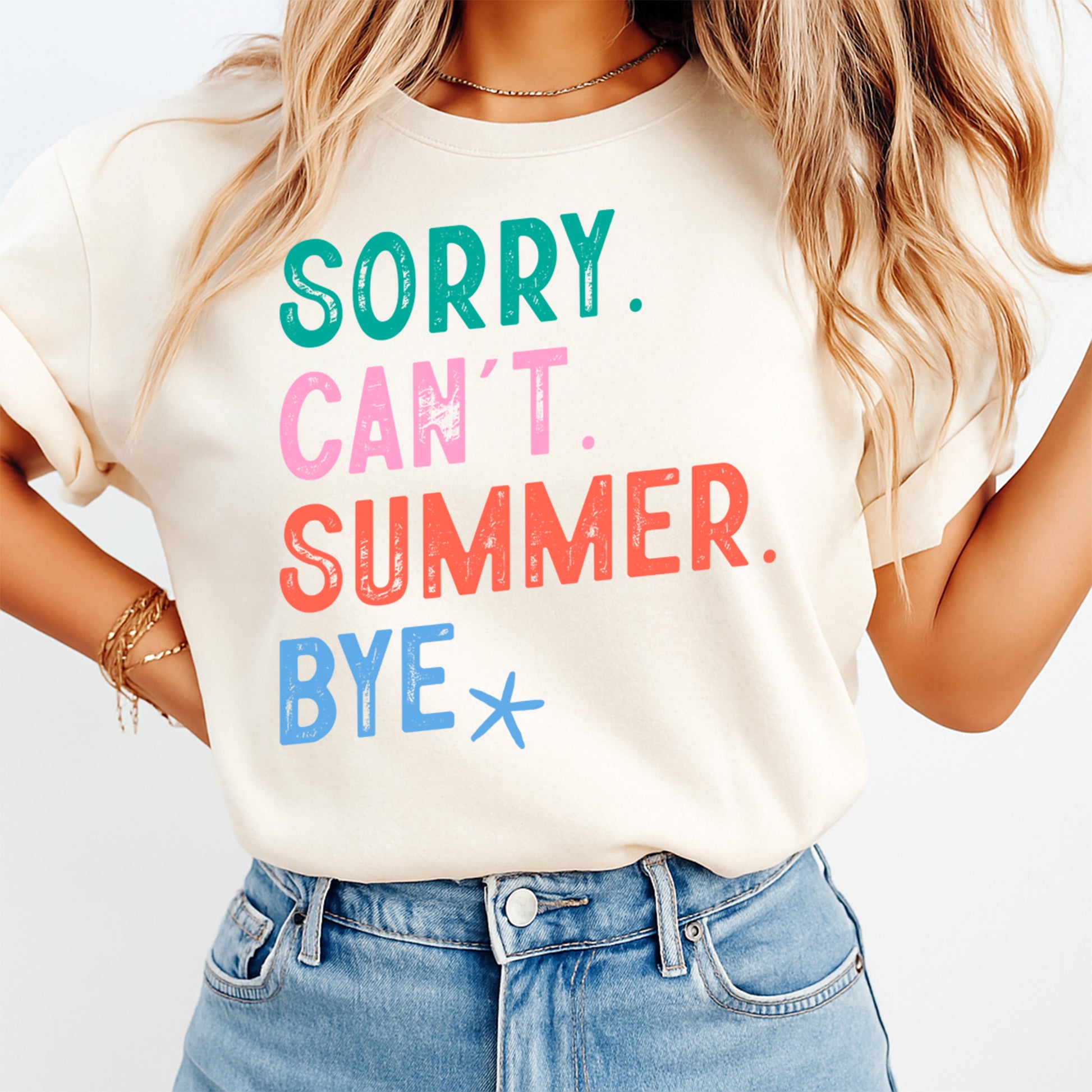 Sorry Can’t Summer Bye DTF transfer mockup on cream shirt for funny summer apparel