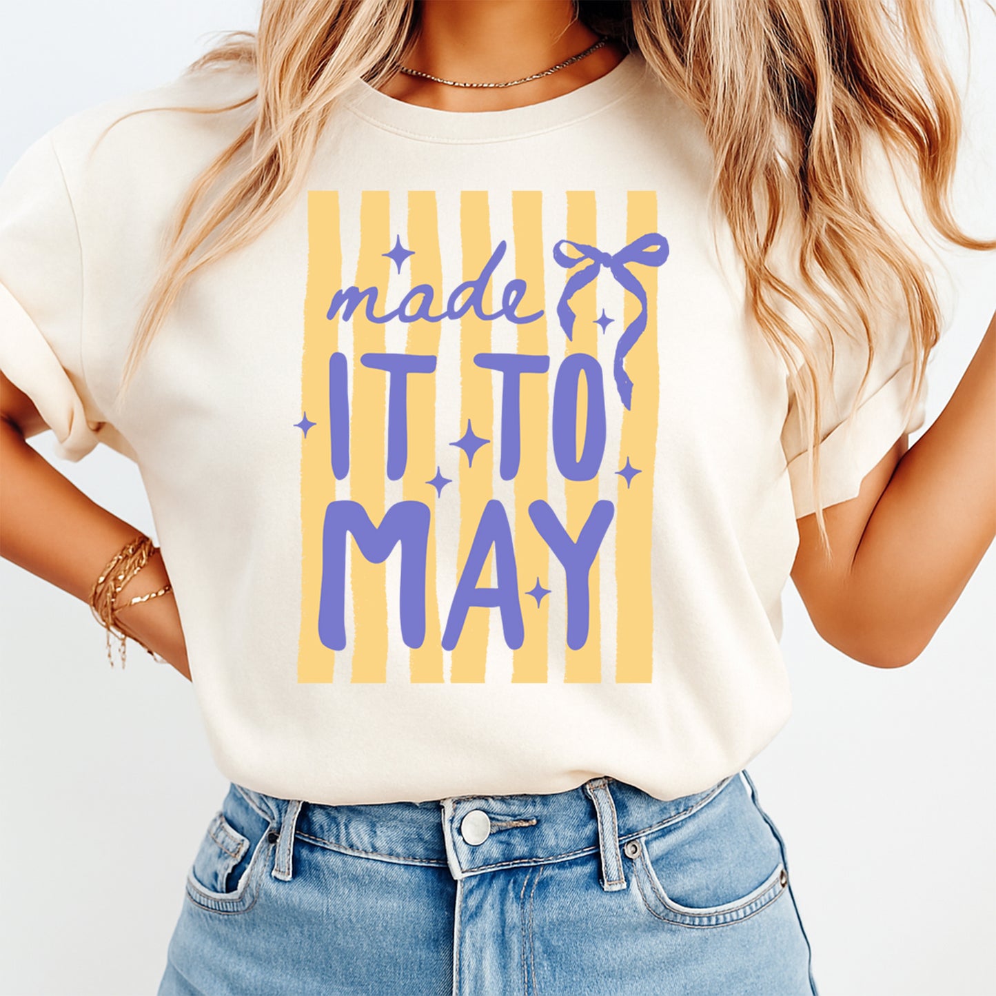 Made It to May teacher DTF transfer mockup on cream shirt with purple bow stripe design