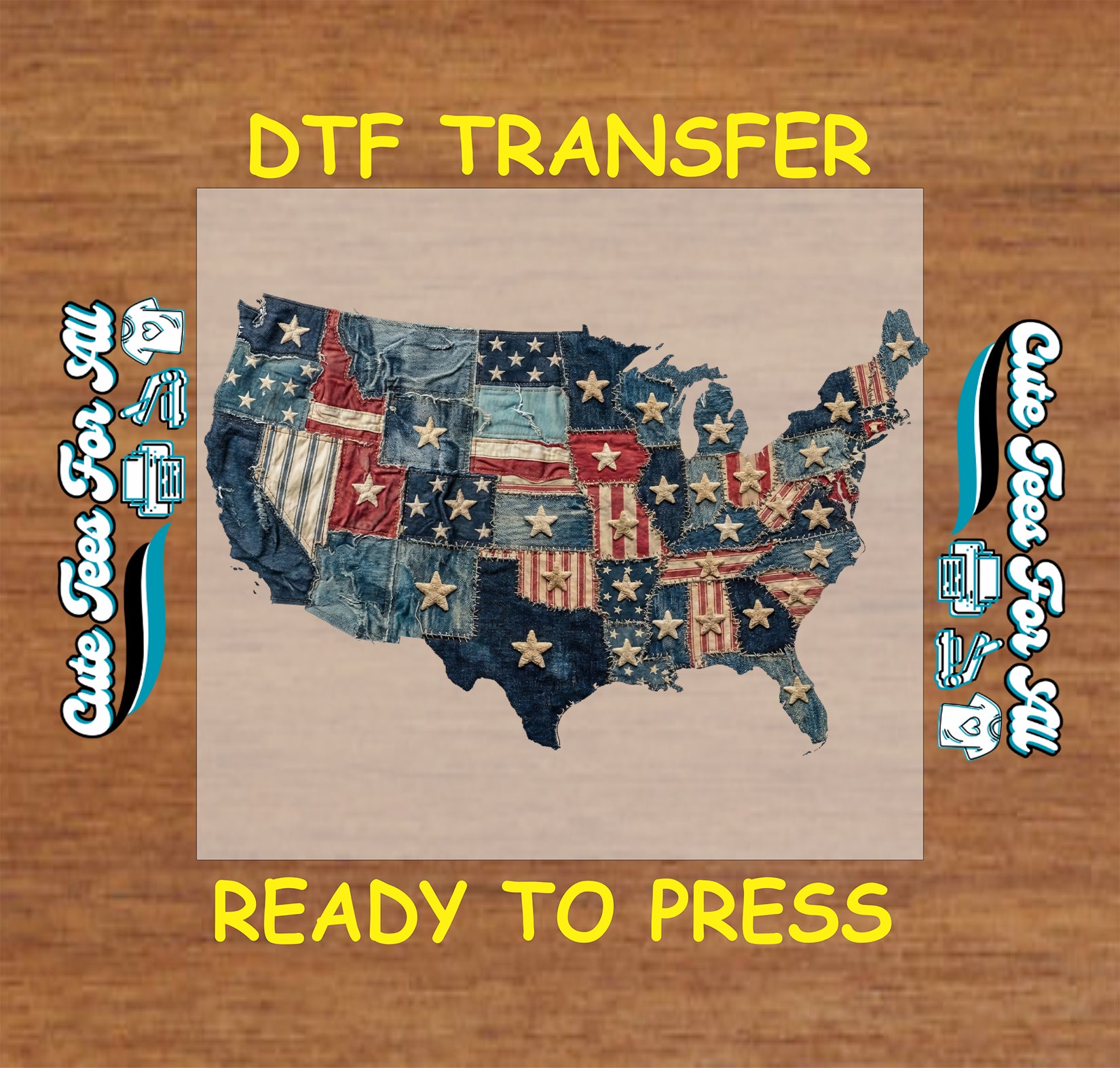 DTF transfer with USA map design on a wooden background