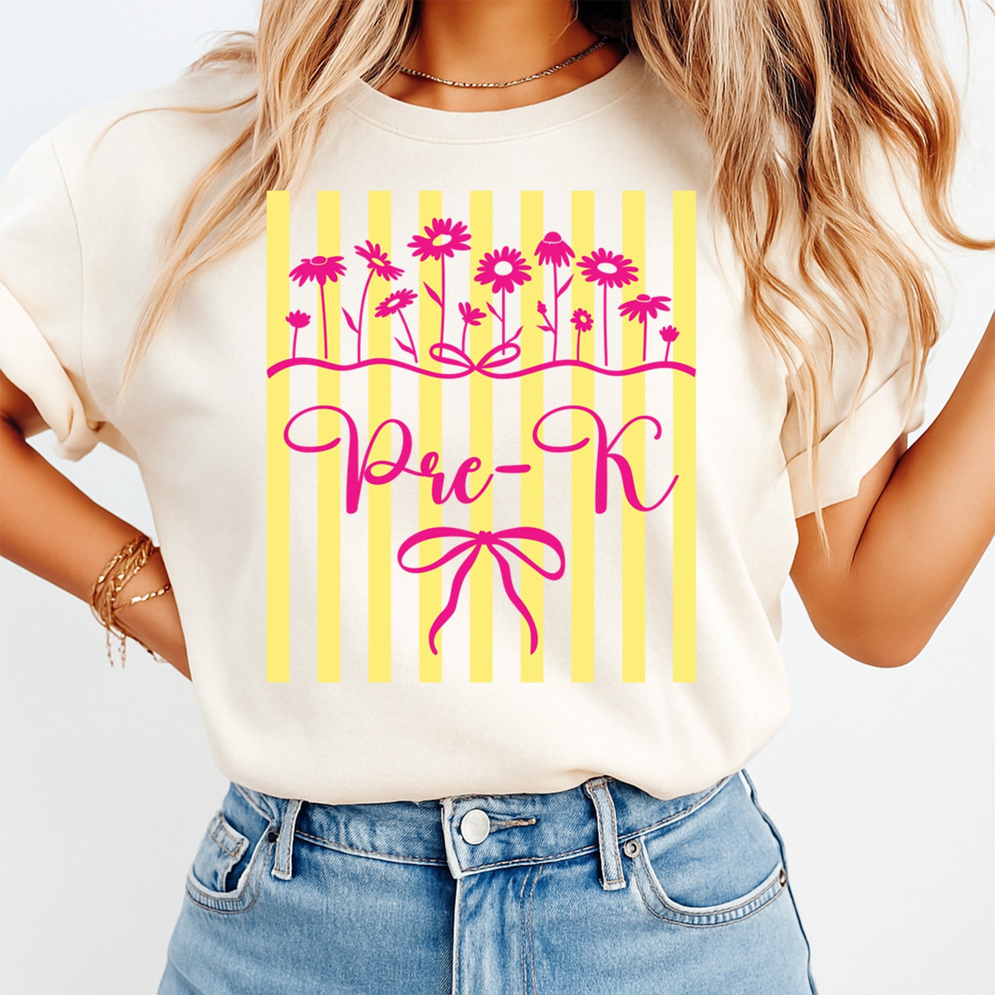 Pre-K flower DTF transfer mockup on cream shirt with pink floral bow school design