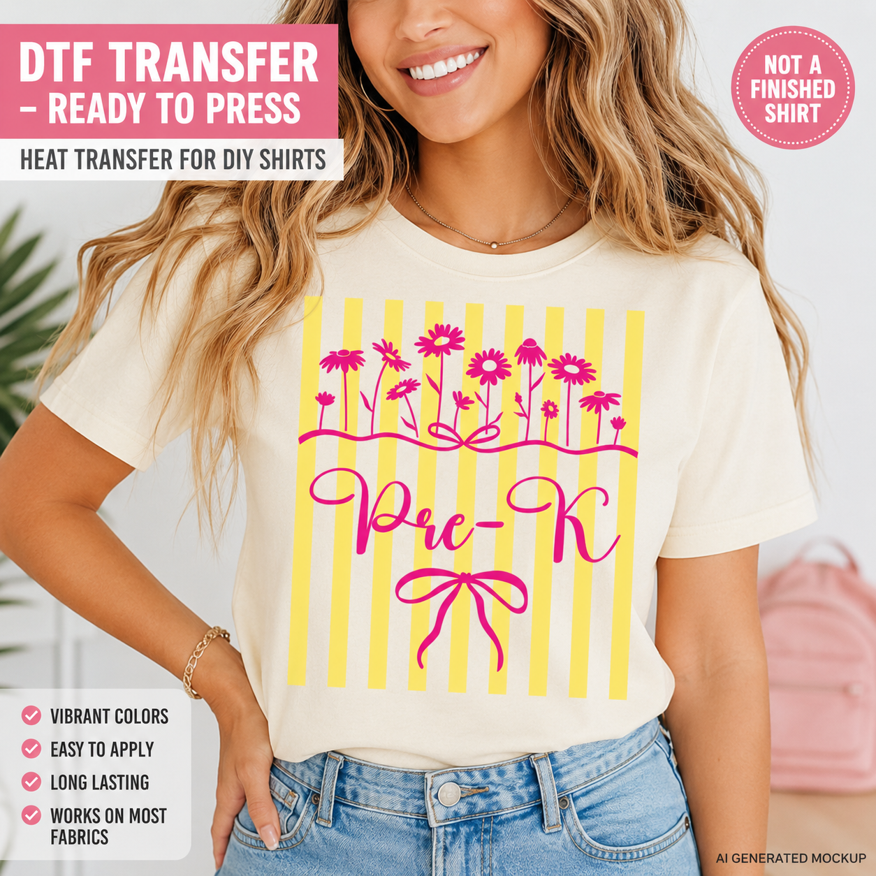 Woman wearing a t-shirt with a 'Pre-K' design and DTF transfer text.