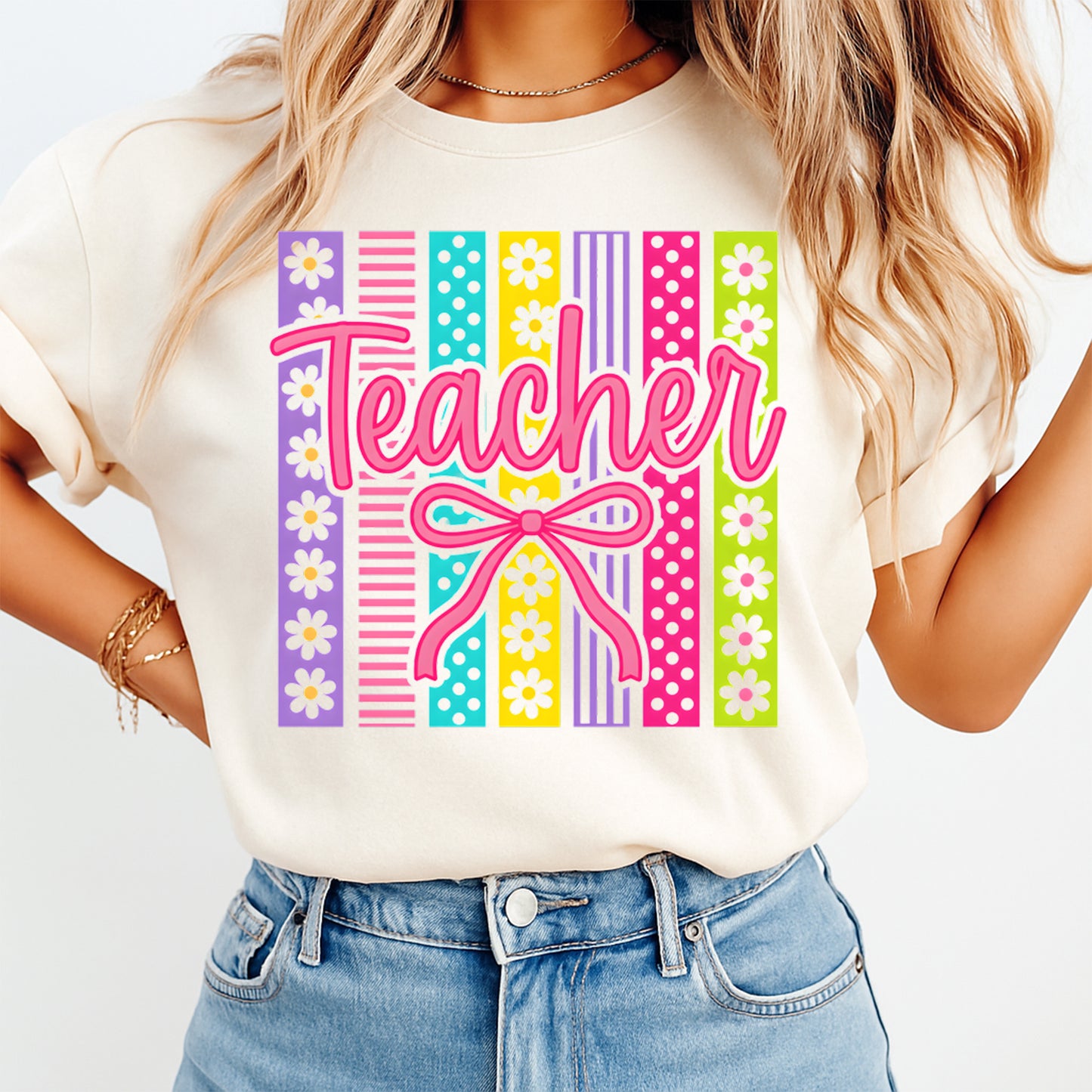 Teacher DTF transfer mockup on cream shirt with bright floral bow classroom design