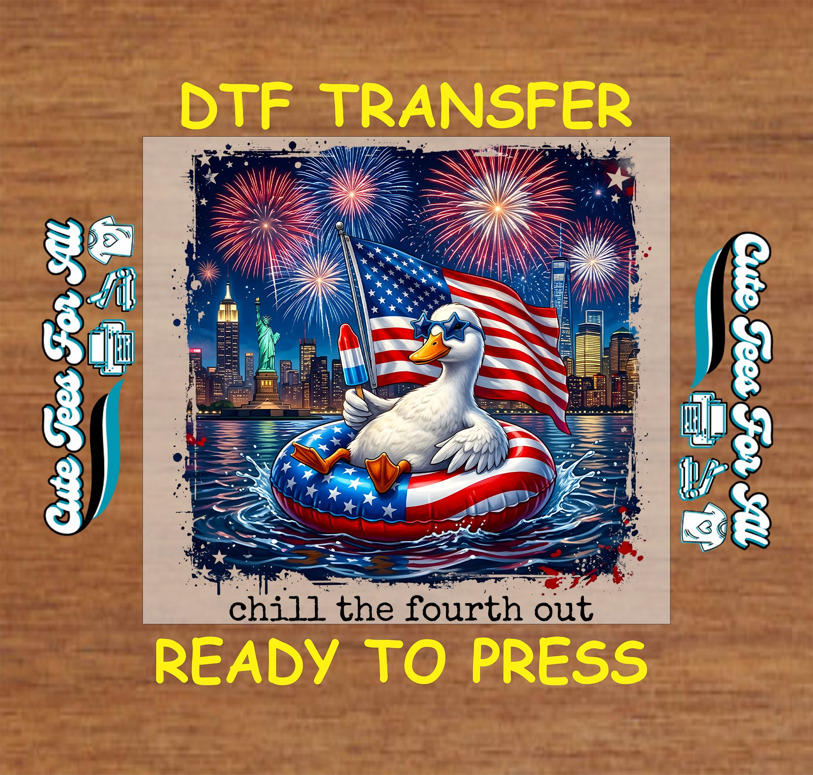 DTF transfer with a duck holding a firework, American flag, and cityscape on a wooden background.