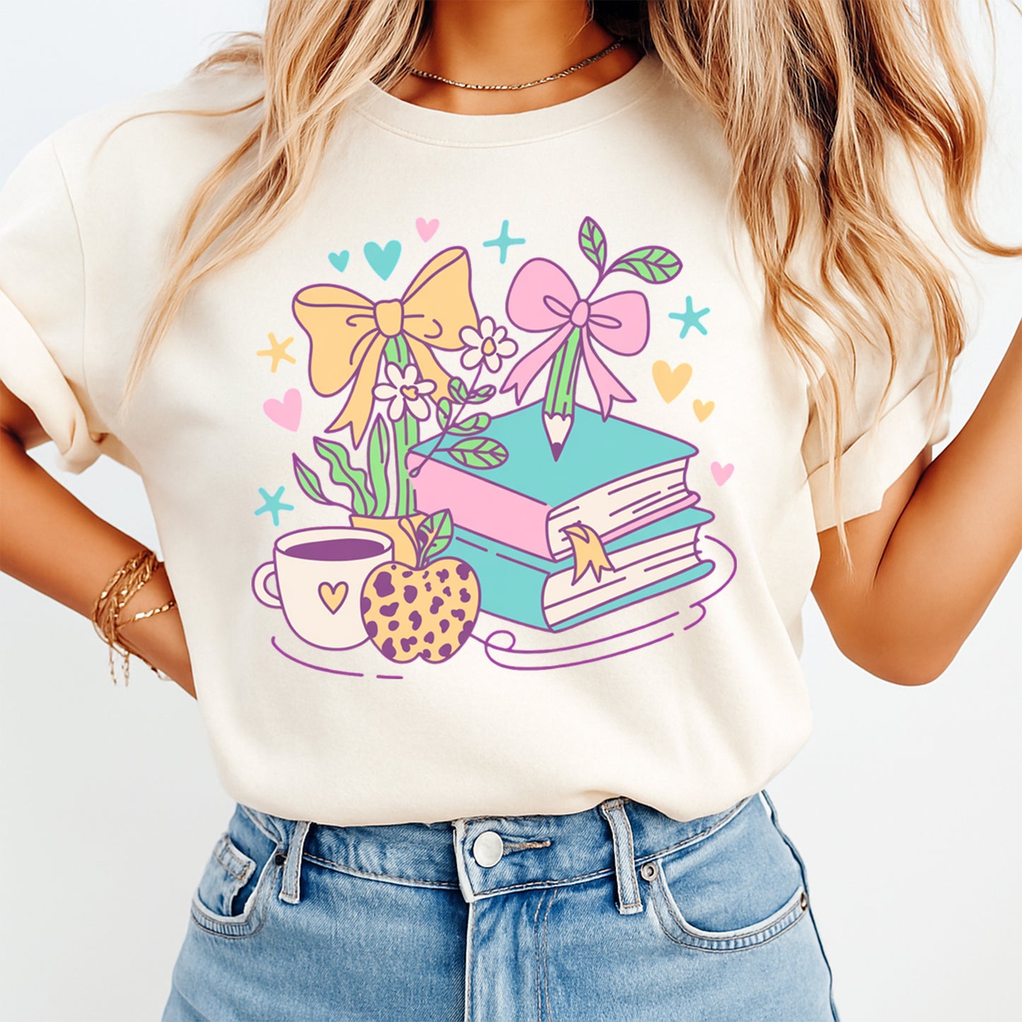 Teacher DTF transfer mockup on cream shirt with pastel books pencil bows and apple design