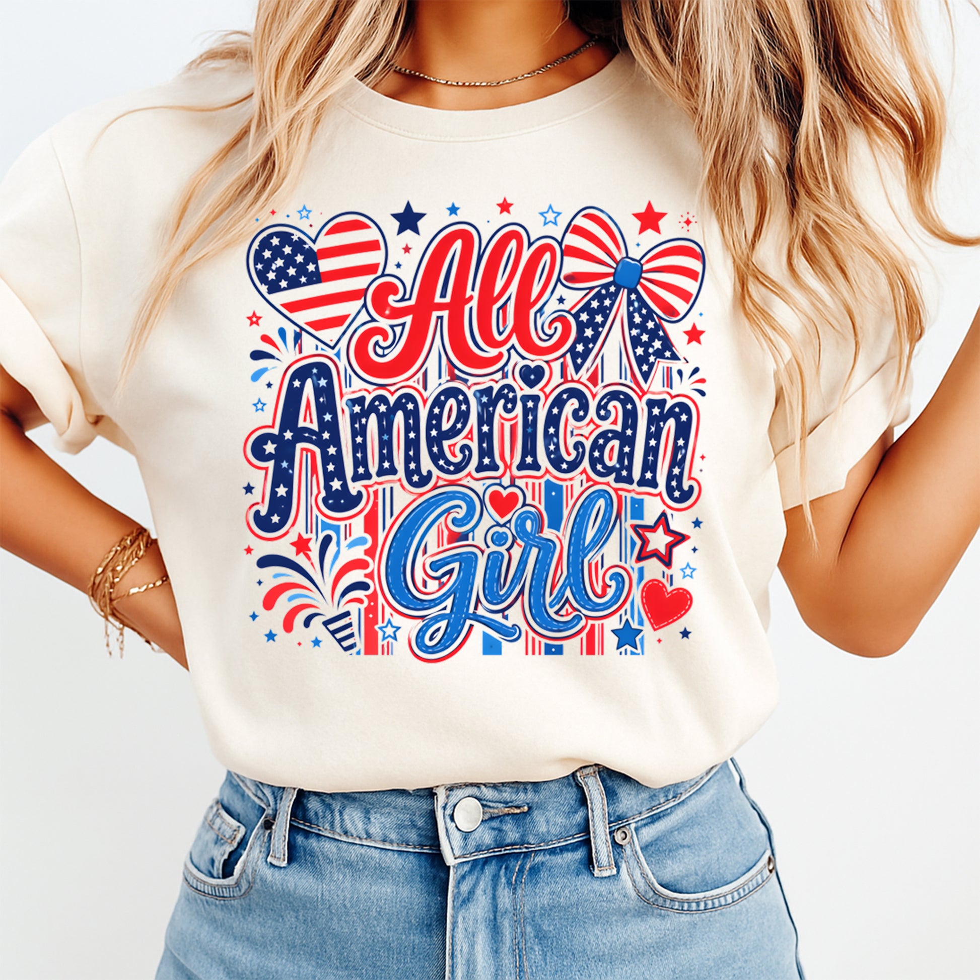 Person wearing a white t-shirt with 'All American Girl' text and patriotic graphics.
