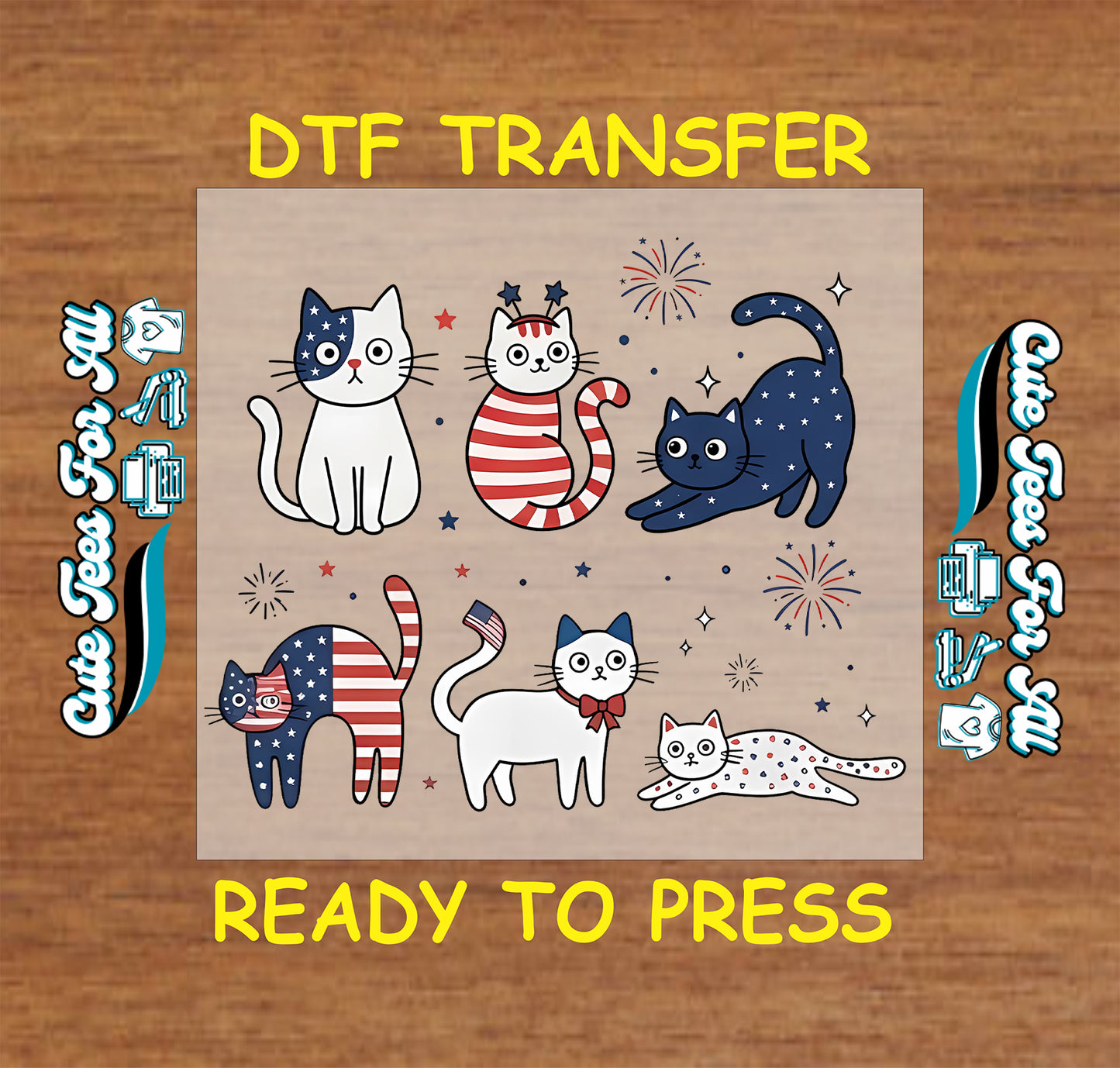 DTF transfer with cartoon cats on a wooden surface