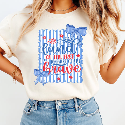 Person wearing a t-shirt with 'Land of the Free Because of the Brave' design.
