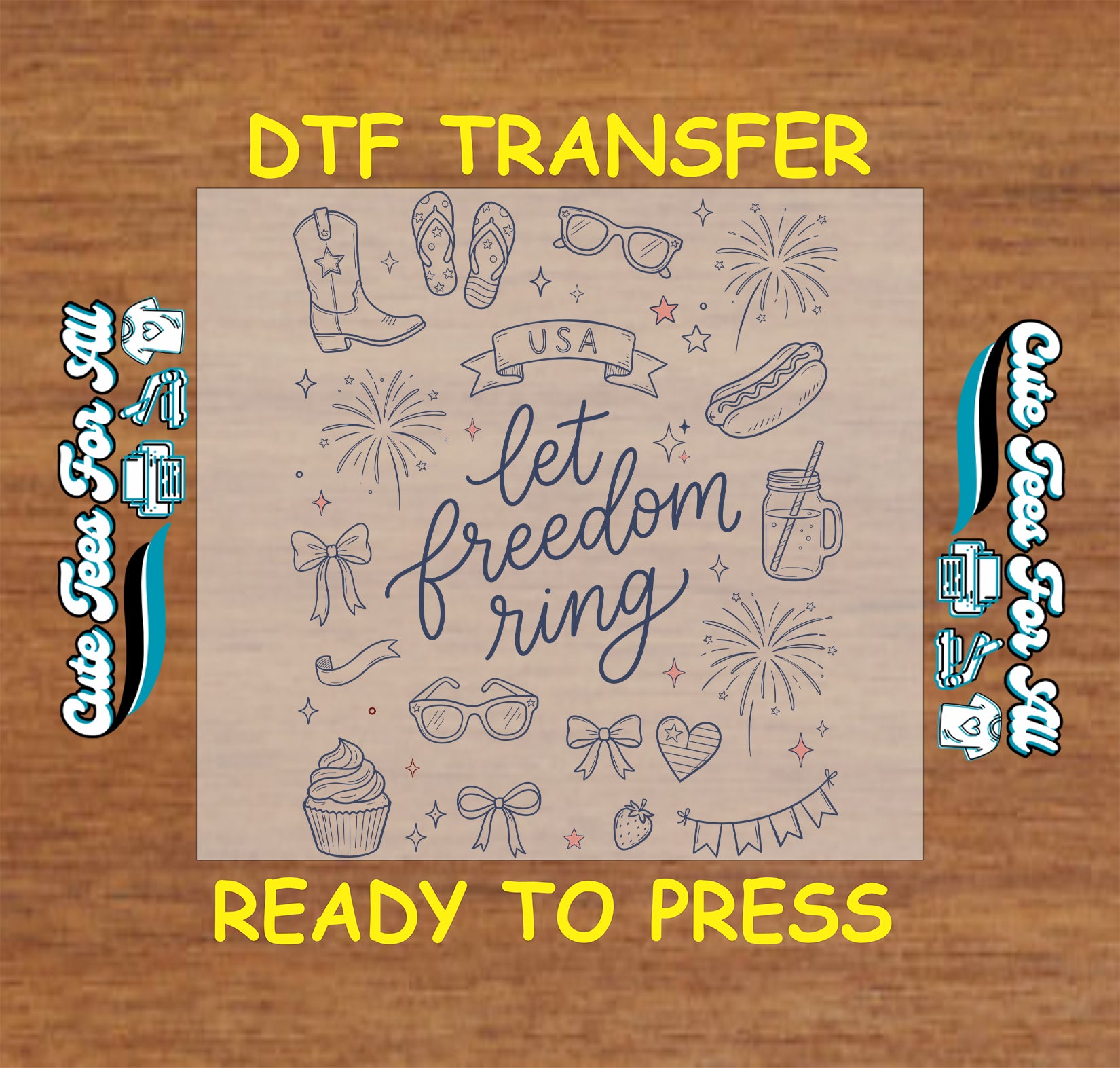 DTF transfer sheet with graphics and text on a wooden background