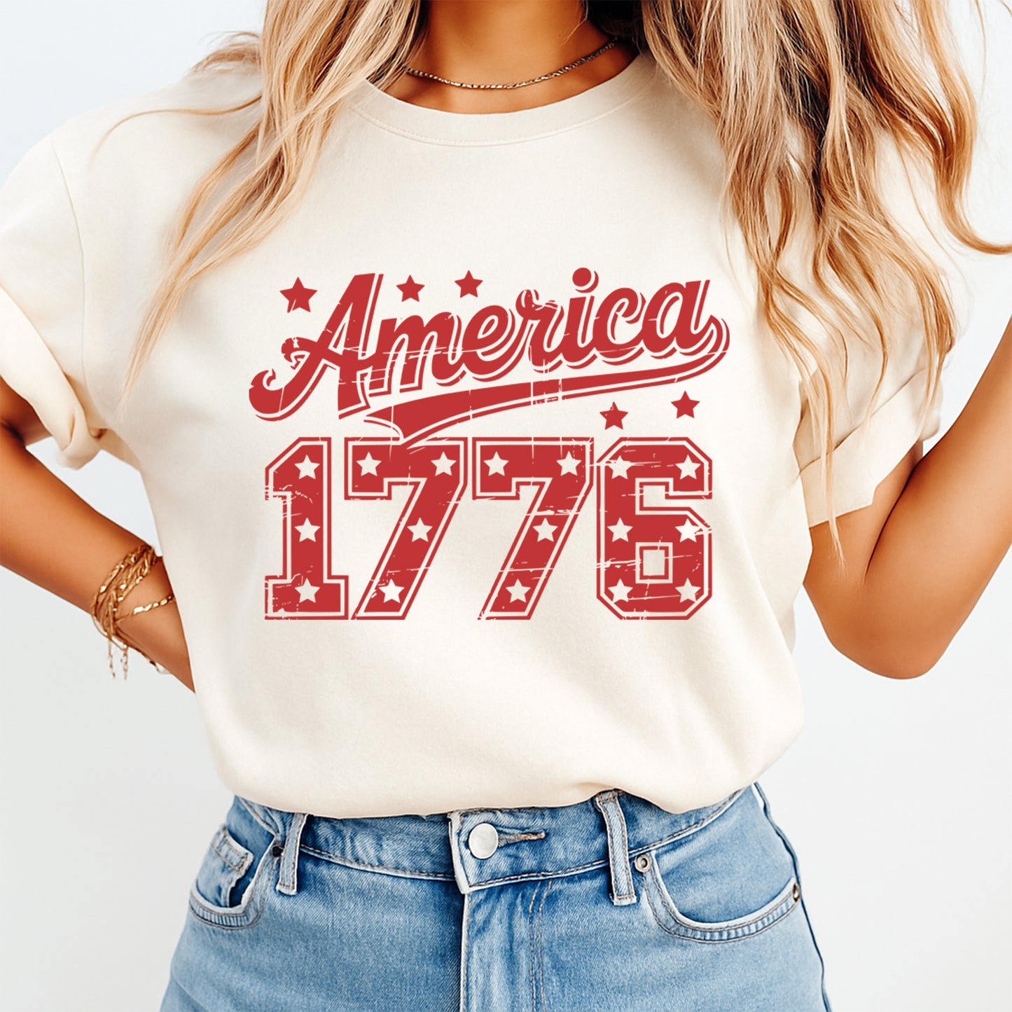 Red America 1776 patriotic shirt mockup with star DTF transfer on cream T-shirt