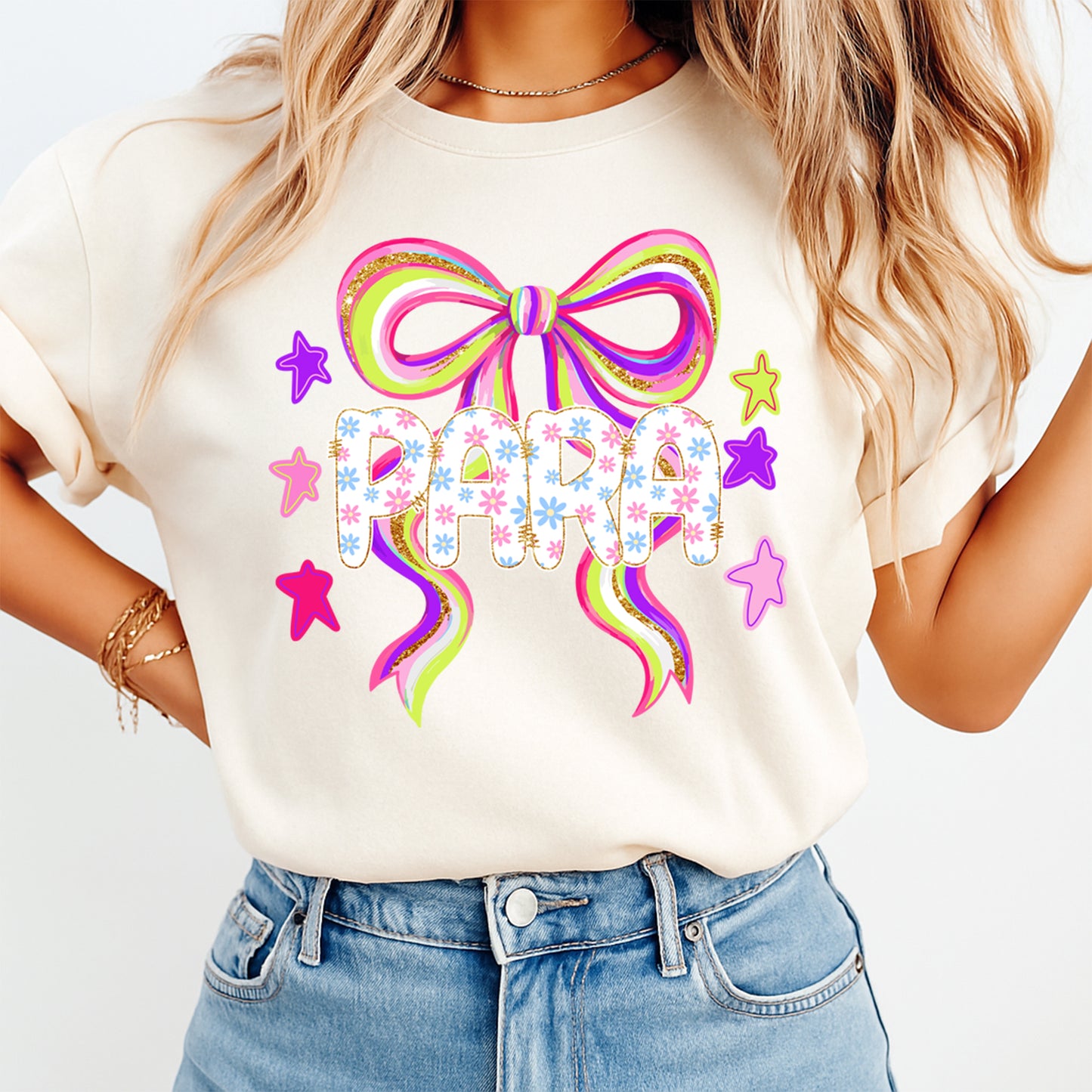 Para paraprofessional shirt mockup with colorful floral bow DTF transfer on cream T-shirt