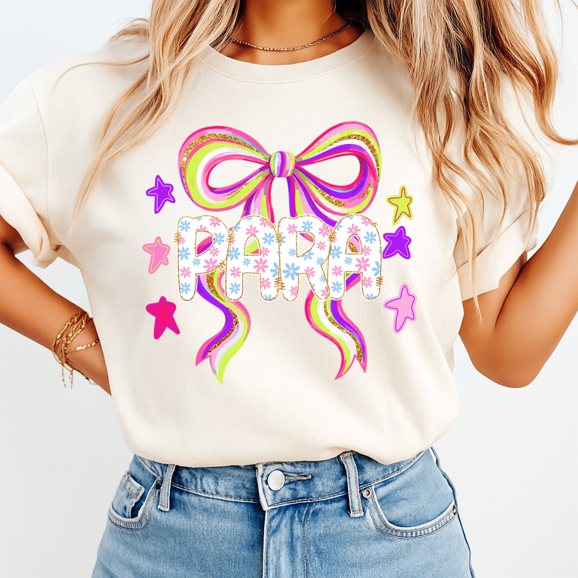 Para paraprofessional shirt mockup with colorful floral bow DTF transfer on cream T-shirt