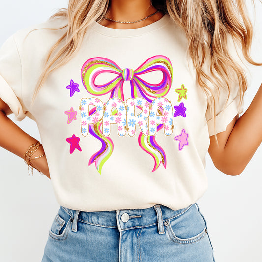 Para paraprofessional shirt mockup with colorful floral bow DTF transfer on cream T-shirt