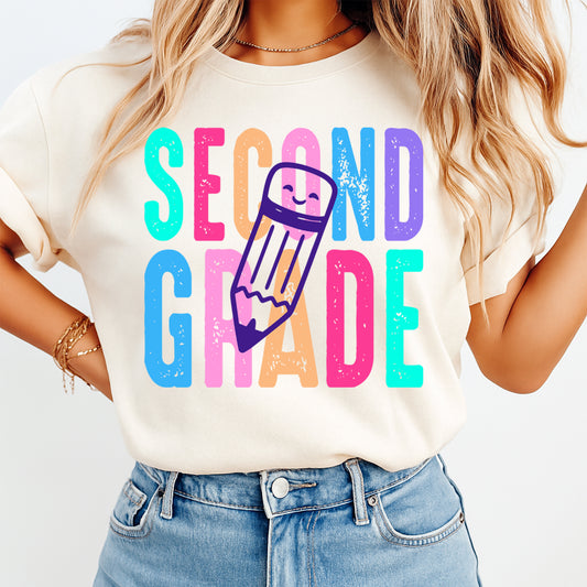Person wearing a t-shirt with 'SECOND GRADE' and a pencil graphic on a white background